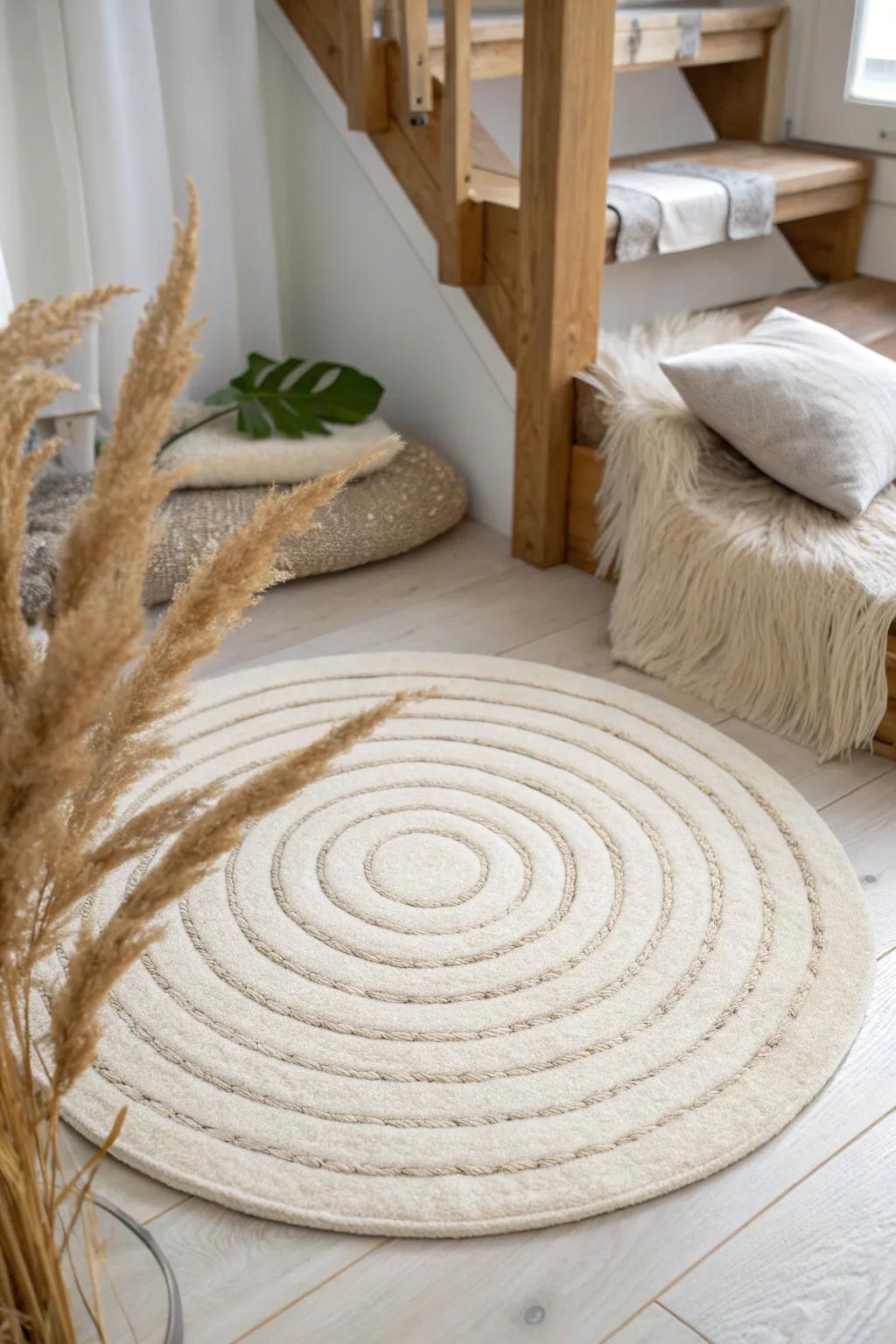 A round rug mirrors the spiral—adding cozy intention without clutter at the staircase base.