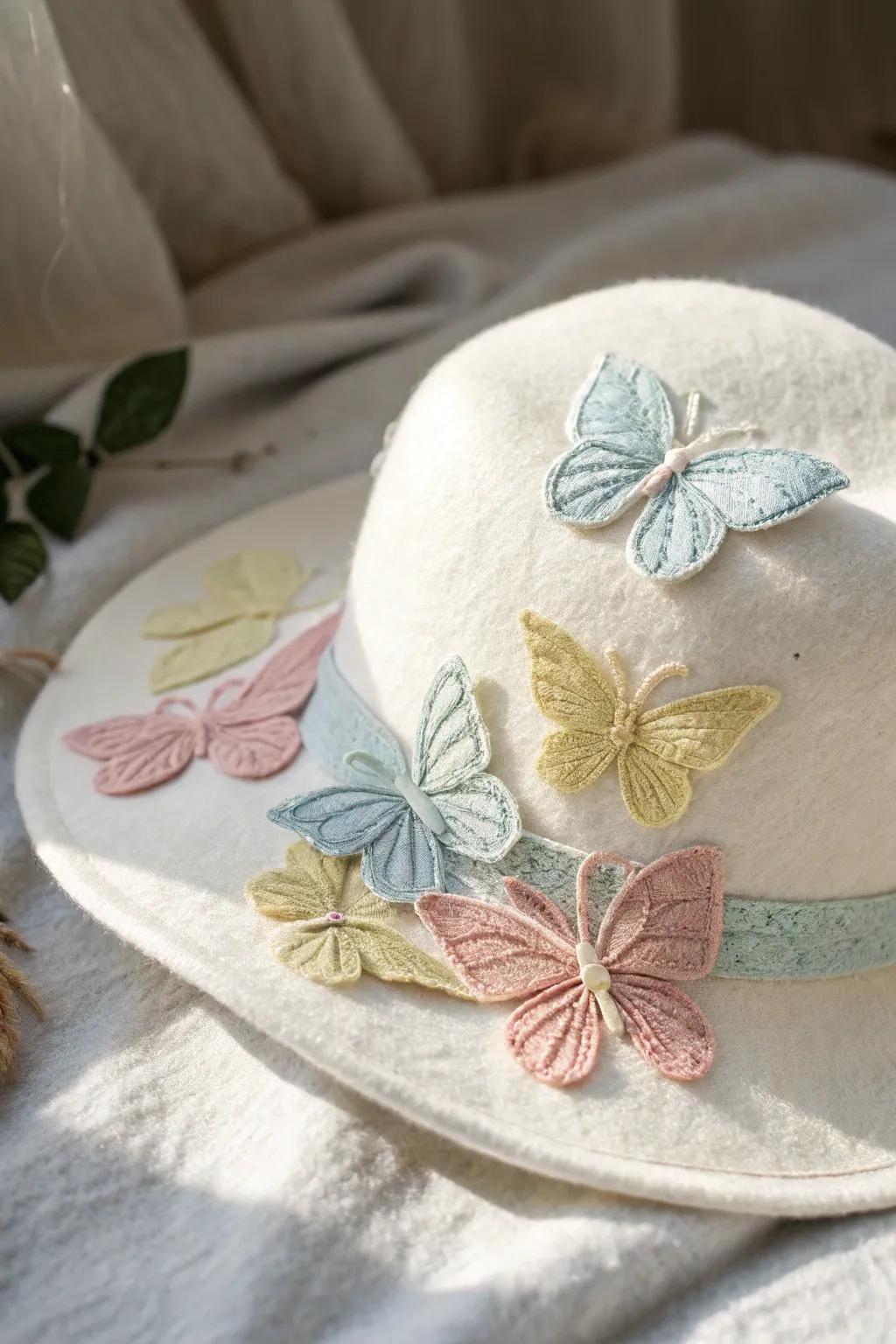 Embrace the magic of spring with whimsical butterfly appliqués on your hat, where minimalism meets boho charm.