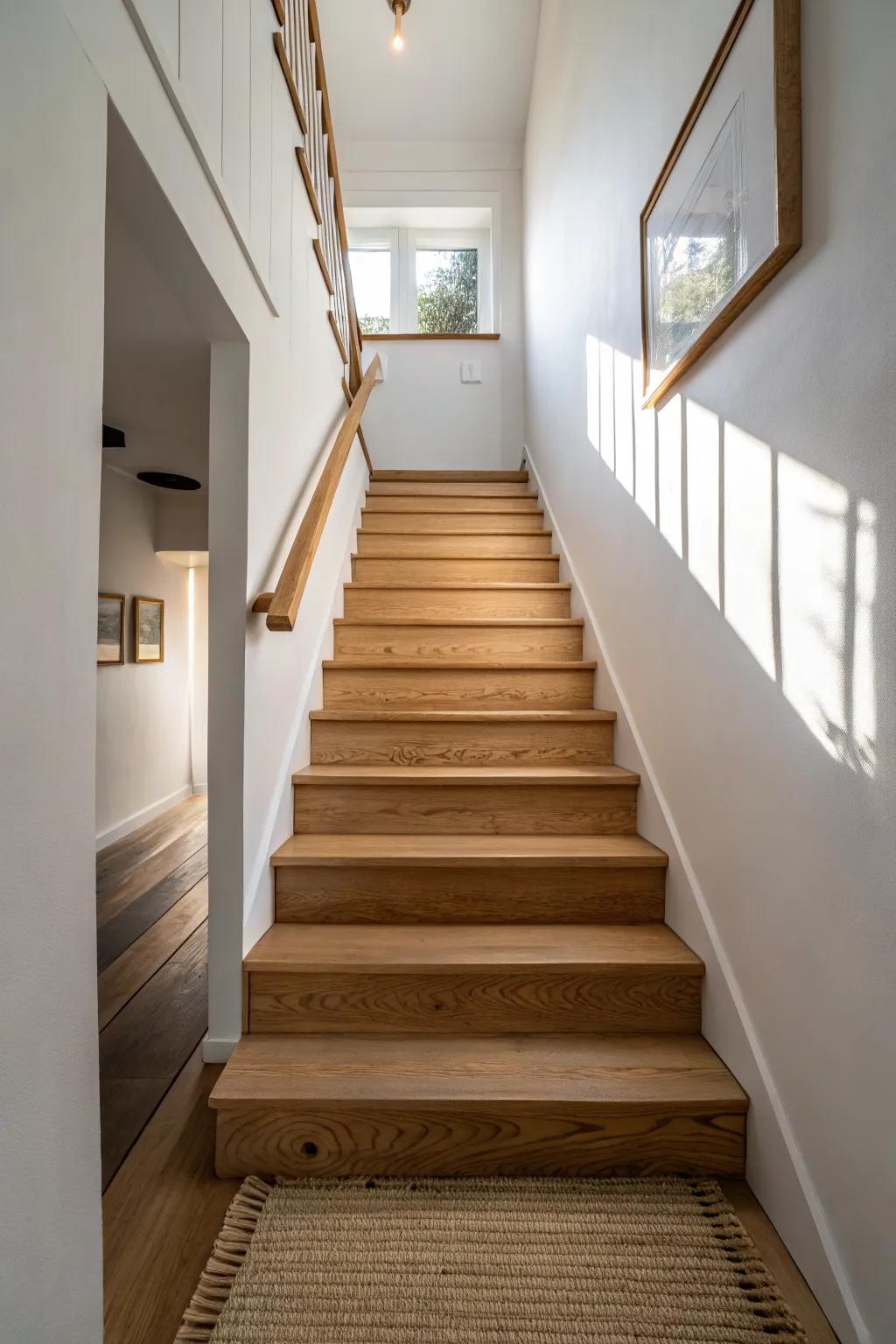 Light oak stain brightens a narrow stairwell—airy, natural wood warmth without paint.