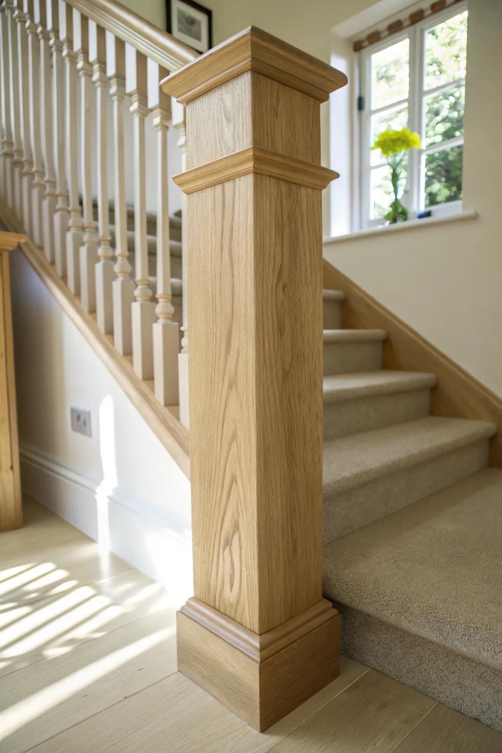 Chunky square newel post in pale oak—clean lines and calm contrast for an intentional stair look.
