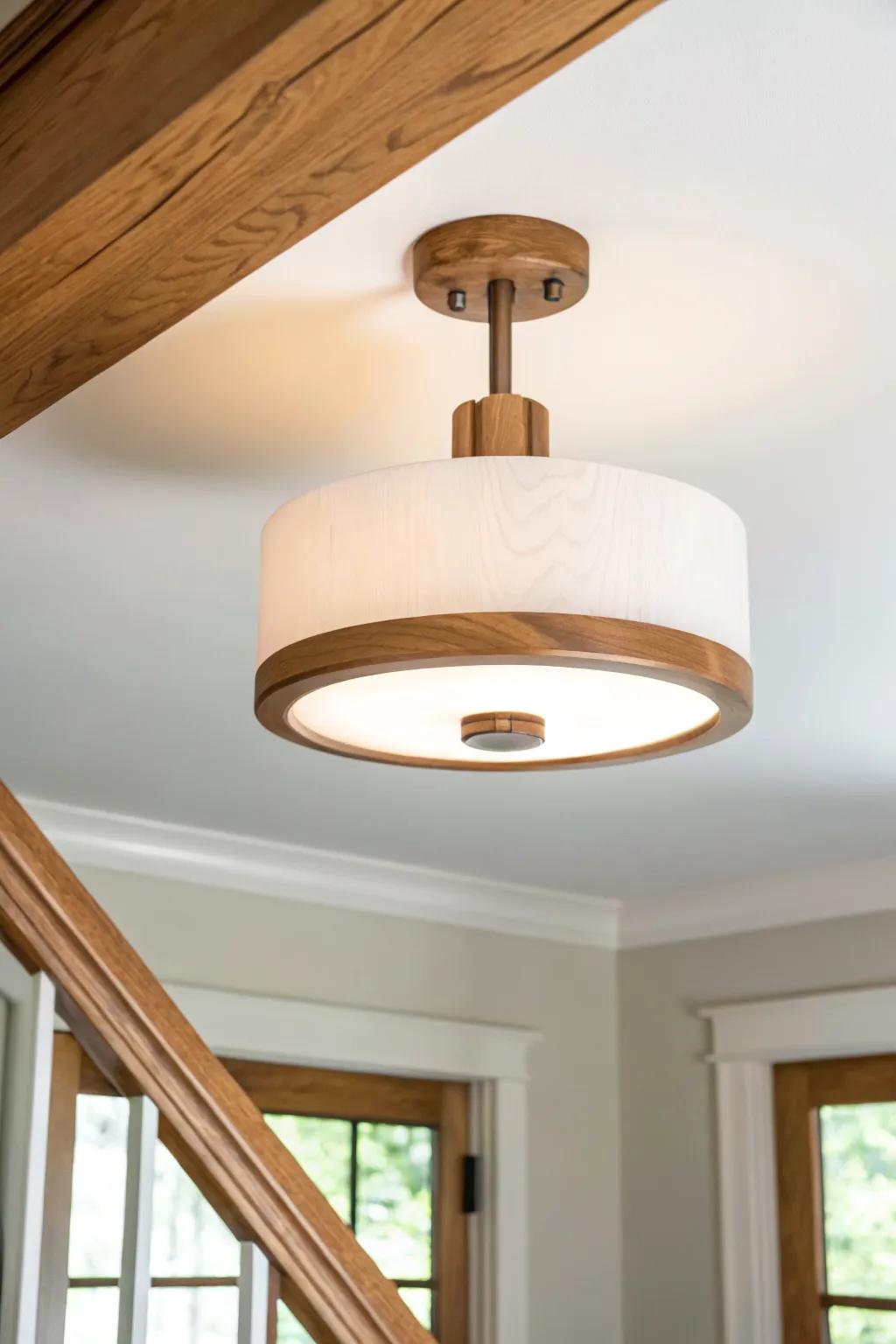A low-profile semi-flush oak light that brightens tight landings—no head bumps, all glow.