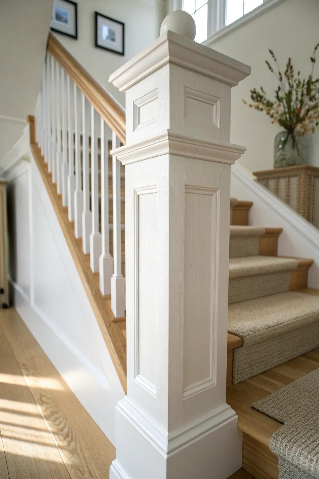 Crisp box newel posts instantly modernize stair rails—clean lines, tight seams, custom look.