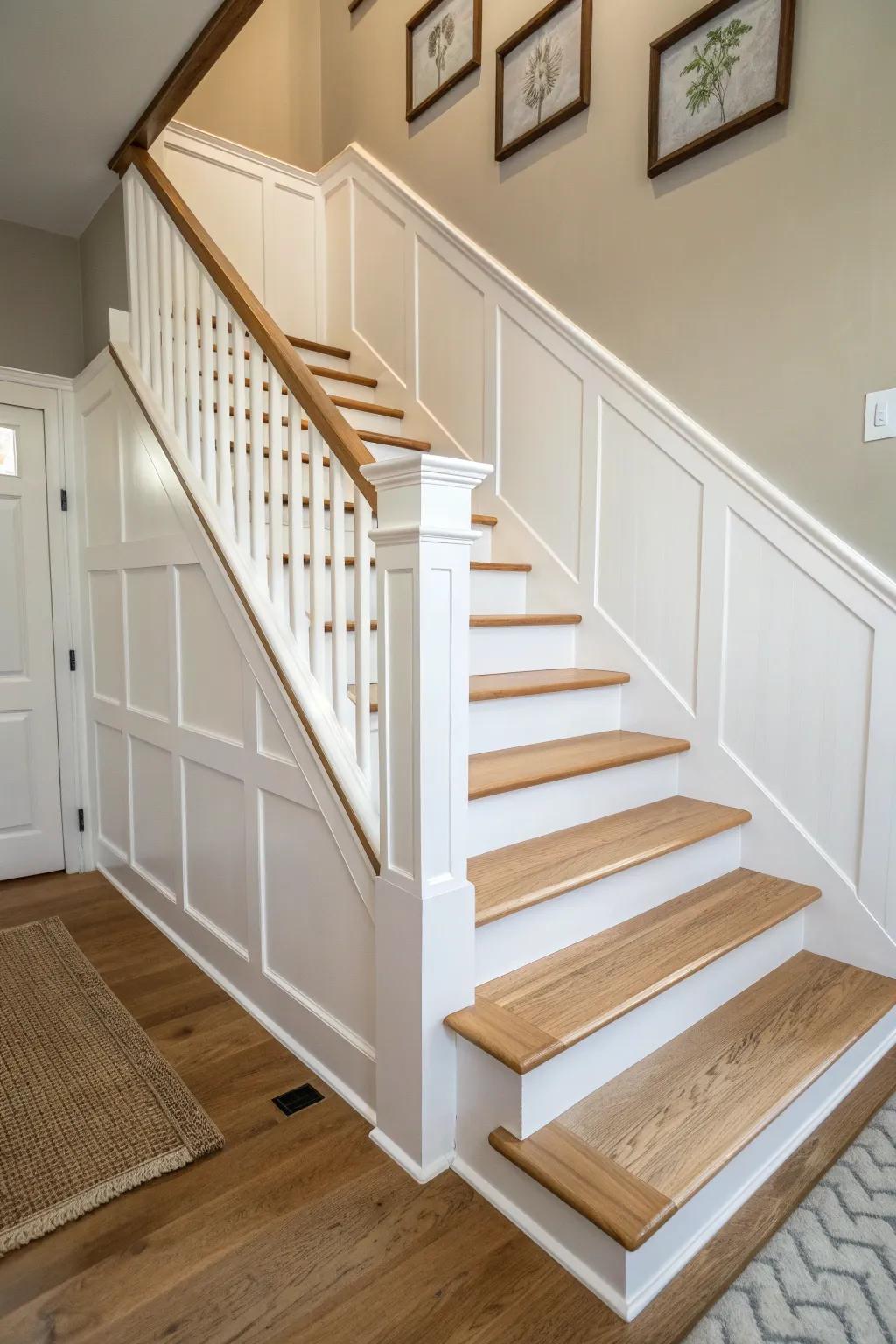 Low, clean wainscoting trim along the stairs for a calm, finished entryway look.