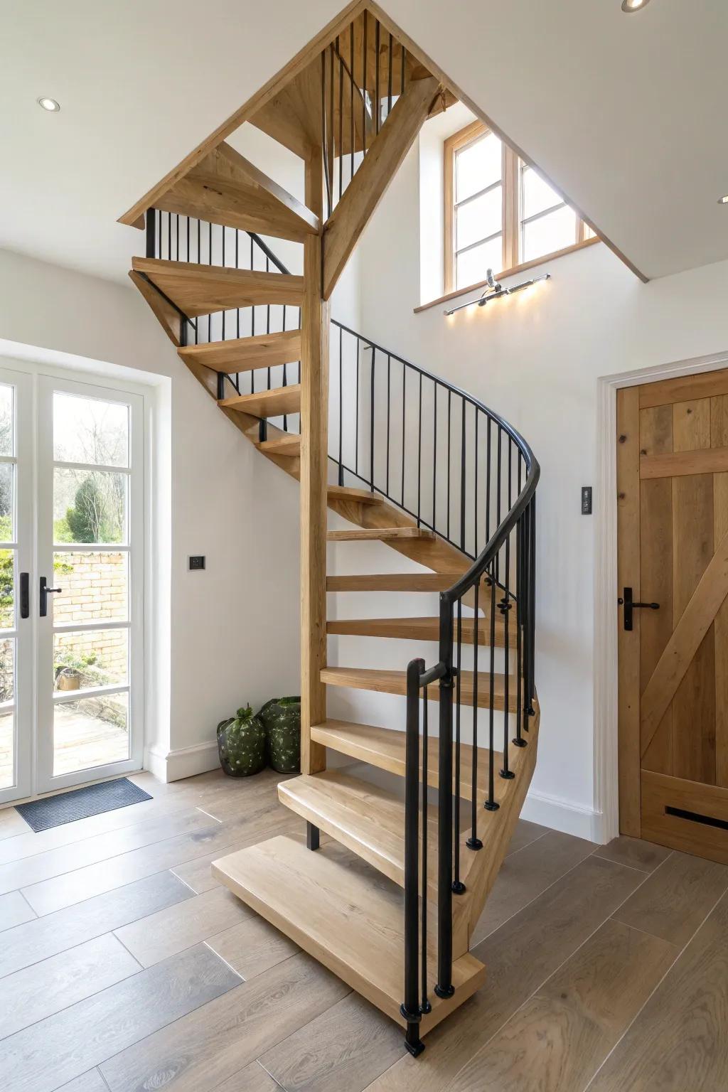 Compact U-shaped oak loft stairs with a sturdy landing—perfect for tight corners.