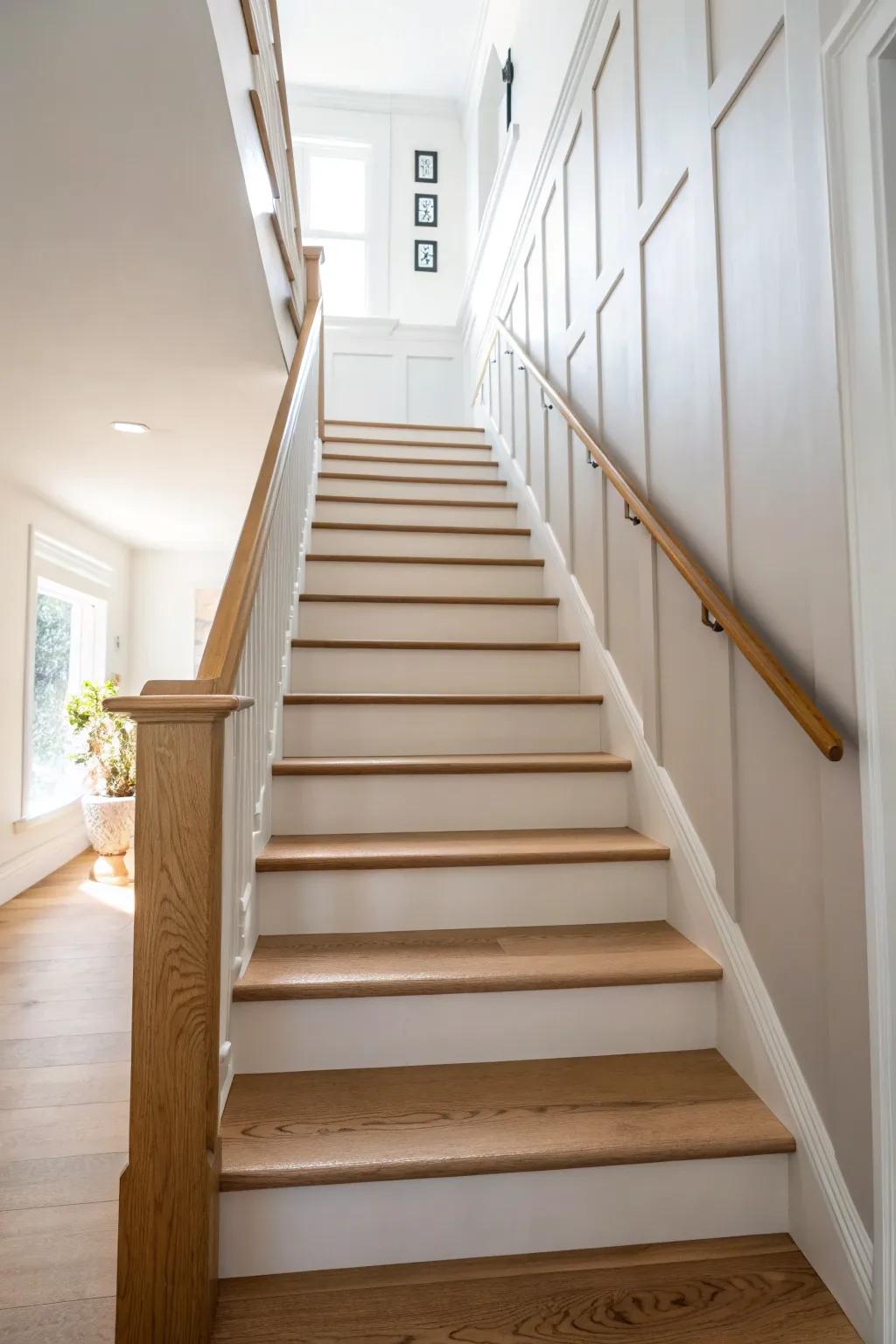 Soft greige paint turns builder-grade stairs into a cozy neutral with warm wood accents.