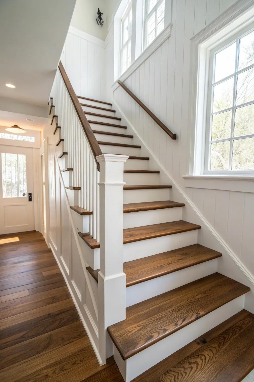 Deep walnut treads with crisp white trim—two-tone stairs that look dramatic and hide scuffs.