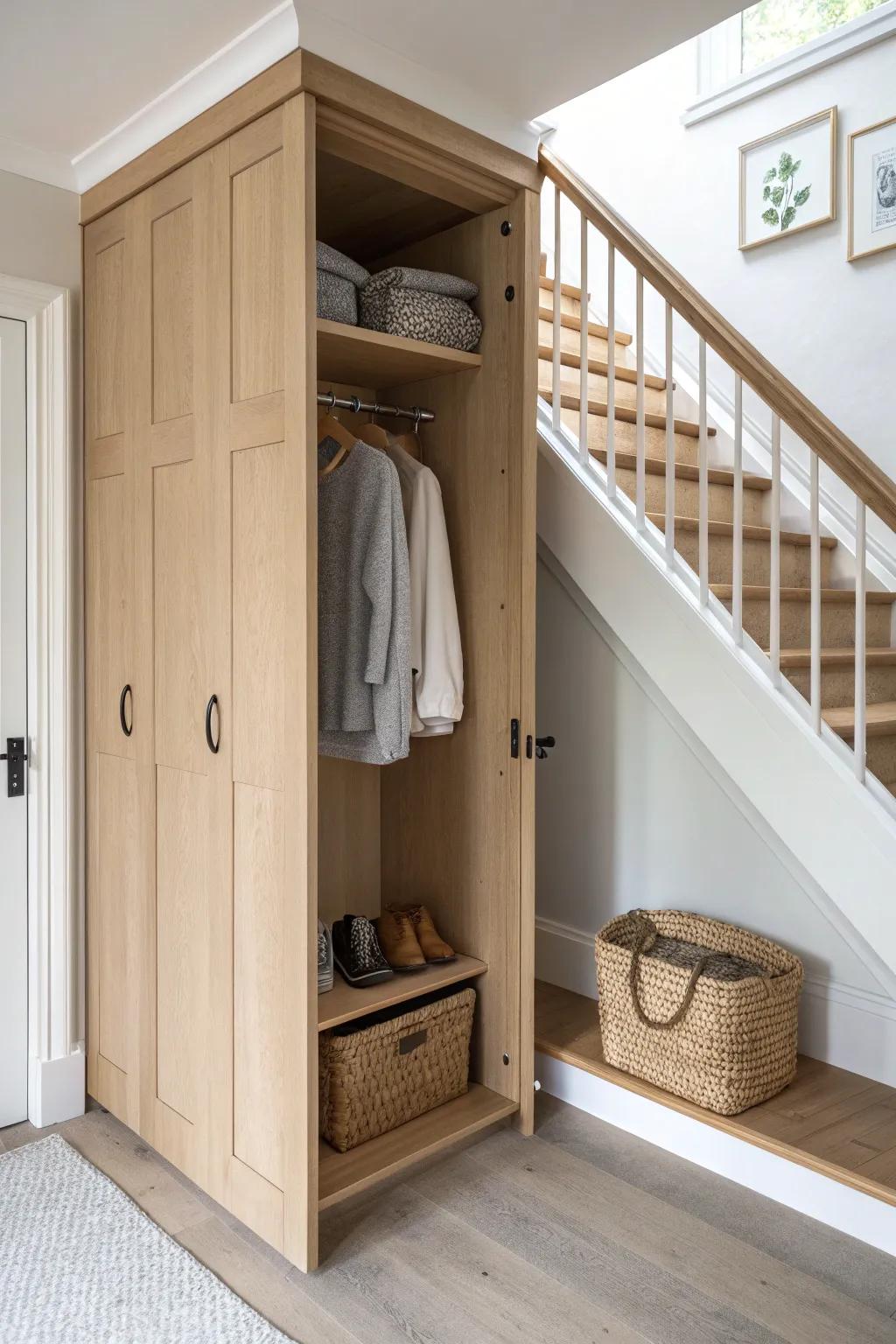 Full-height under-stairs coat closet in light oak—wood rod + top shelf for instant entryway calm.