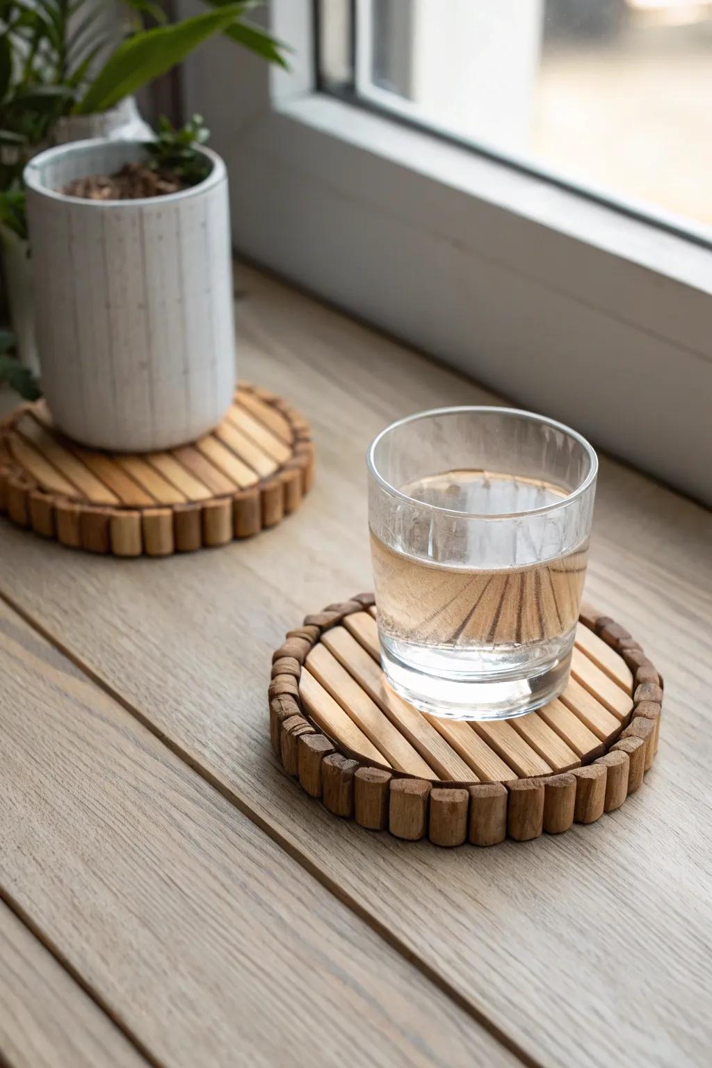 Simple popsicle-stick coaster set—sealed, sturdy, and naturally minimalist for everyday sips.