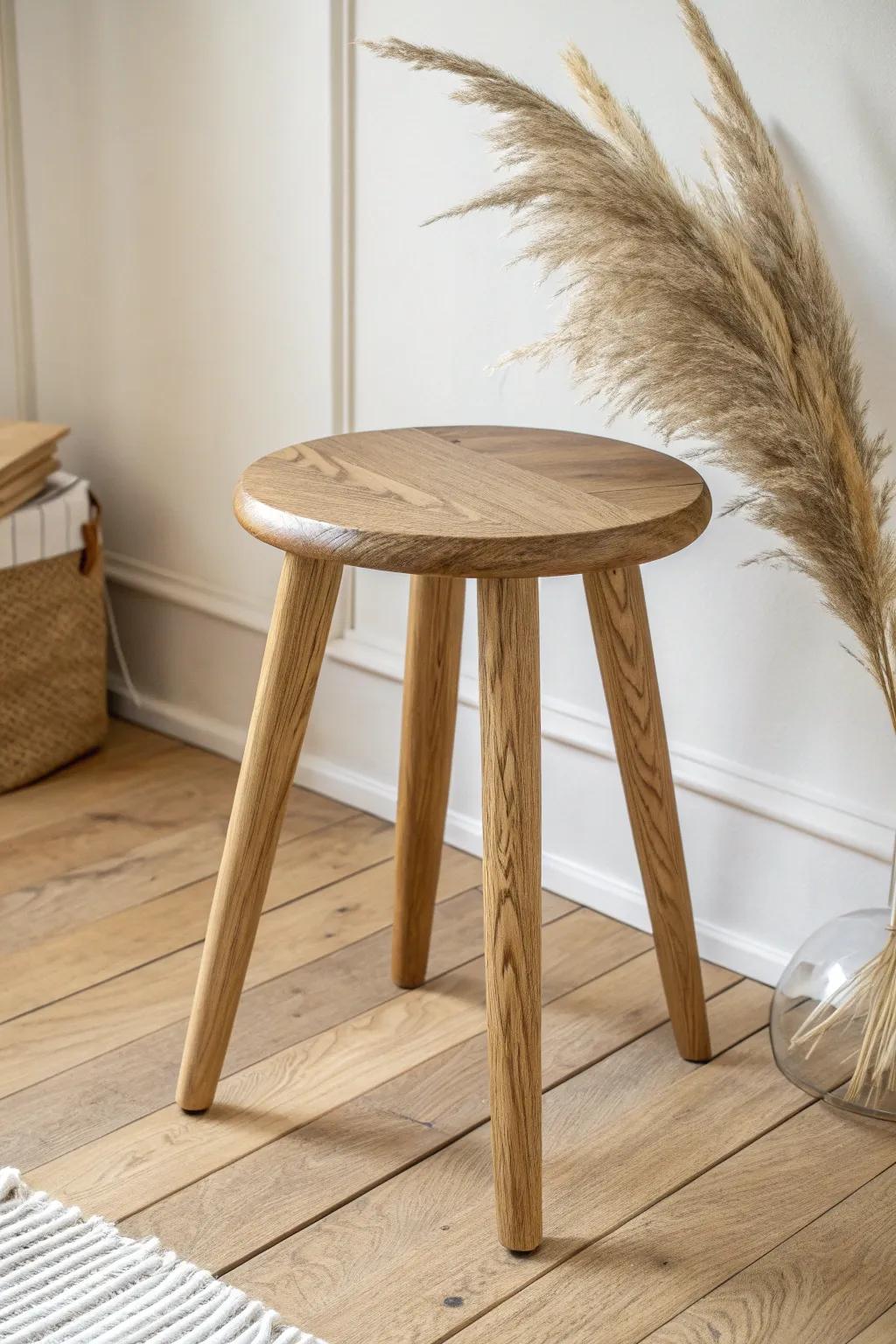 Round-top stool with tapered legs—light, sturdy, and finished with a soft, hand-friendly edge.