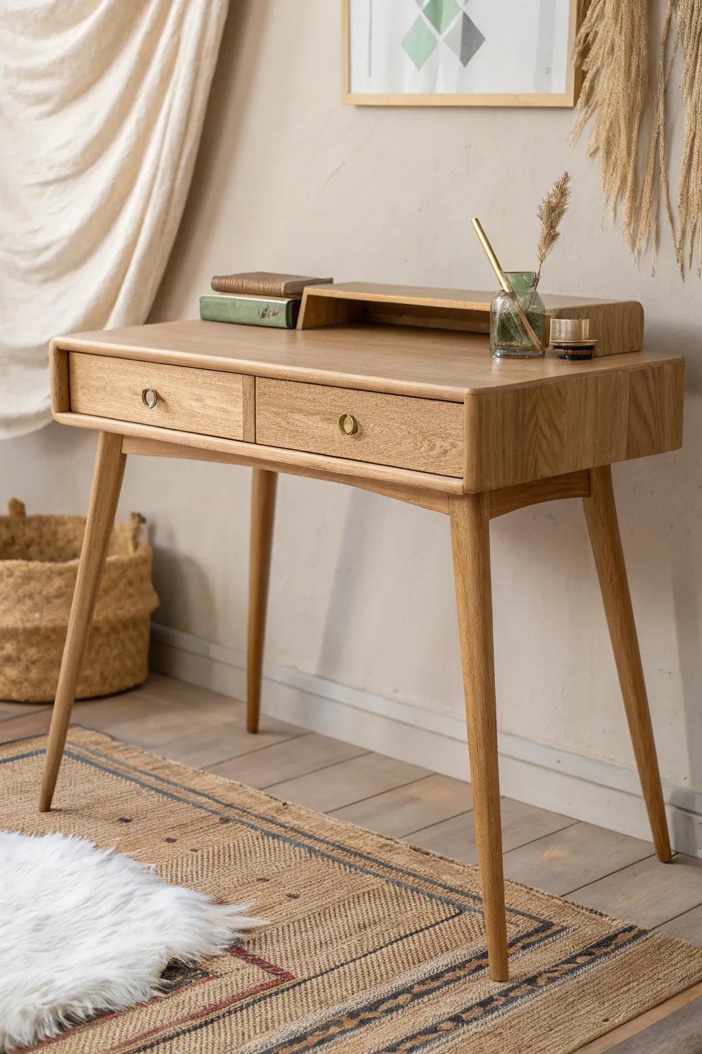 Slim oak writing desk with tapered legs and a shallow drawer—light, elegant, and tidy.