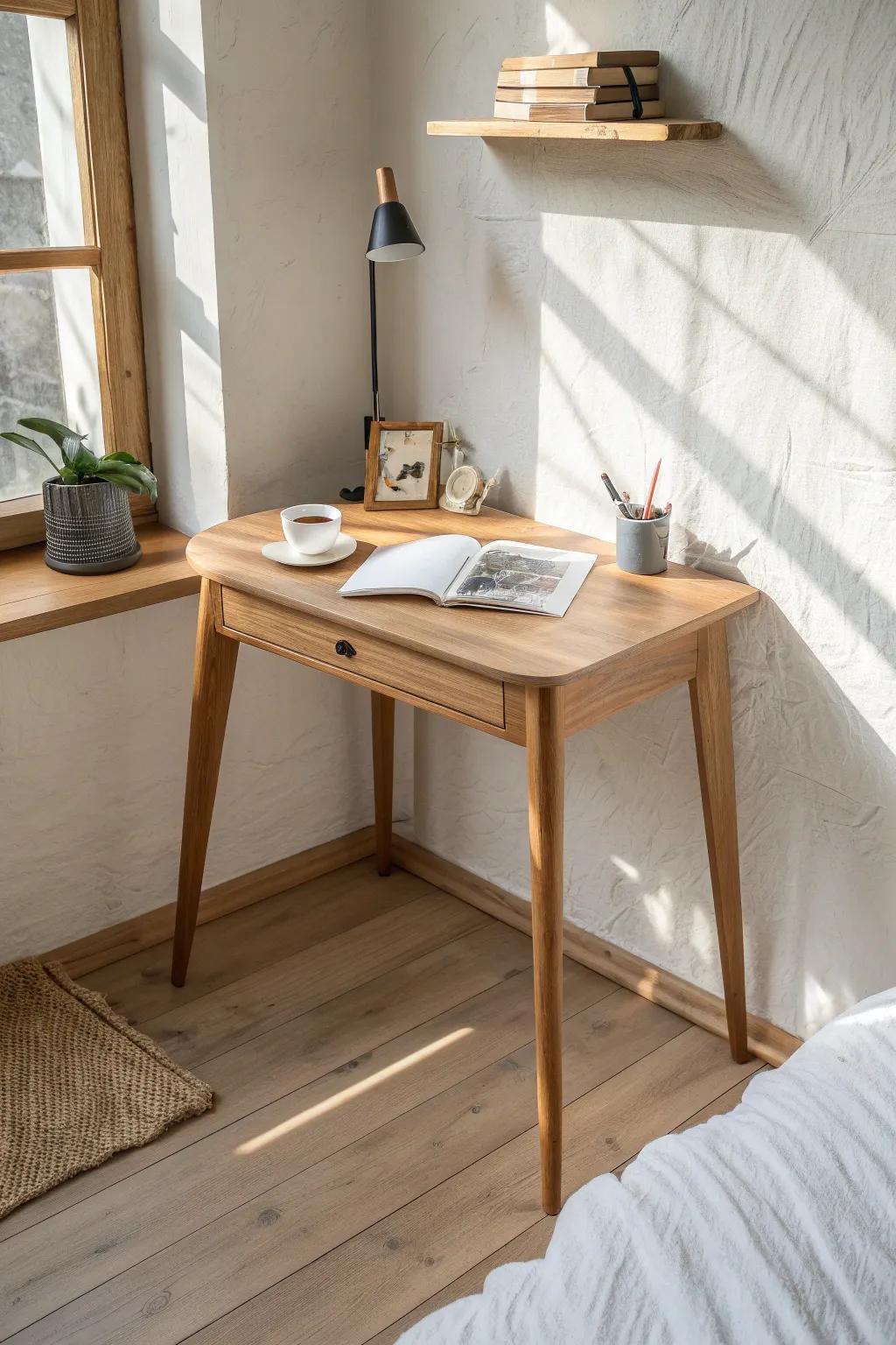 Handcrafted corner study table: a triangular oak top and slim shelf that save space beautifully.