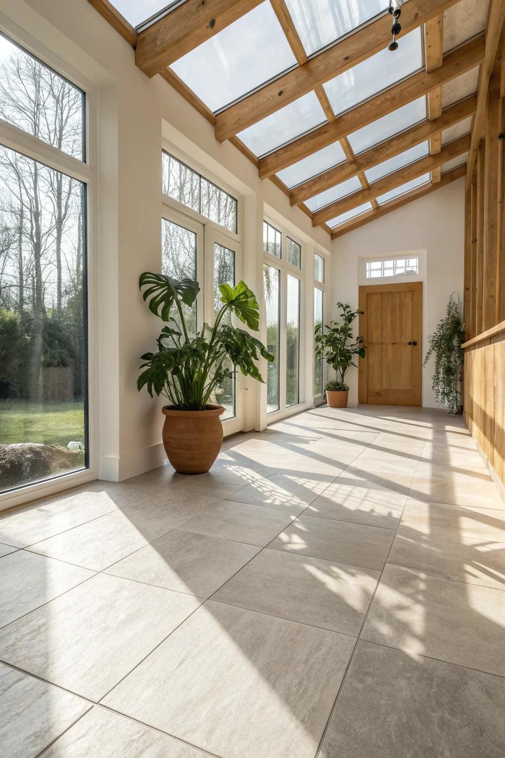 Large-format neutral tile keeps a sunroom bright, seamless, and easy to clean.