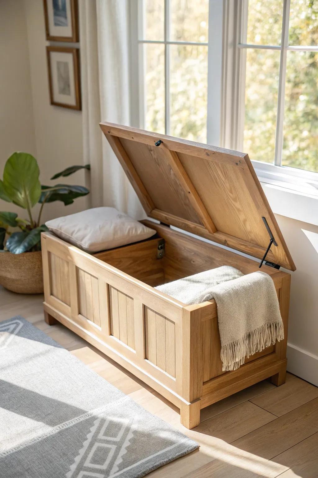 Sleek lift-top bench storage—hide sunroom essentials while keeping a calm, airy look.