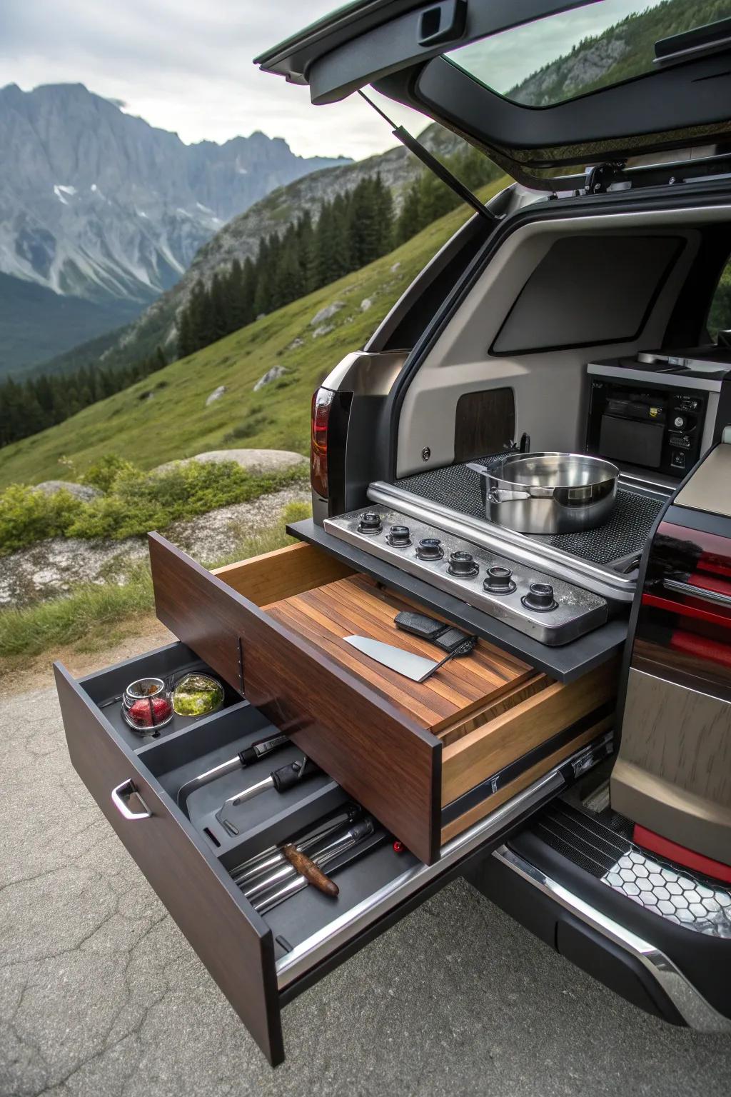Elevate your outdoor adventures with a stylish pull-out kitchen drawer—perfect for the modern explorer who values craftsmanship and convenience.