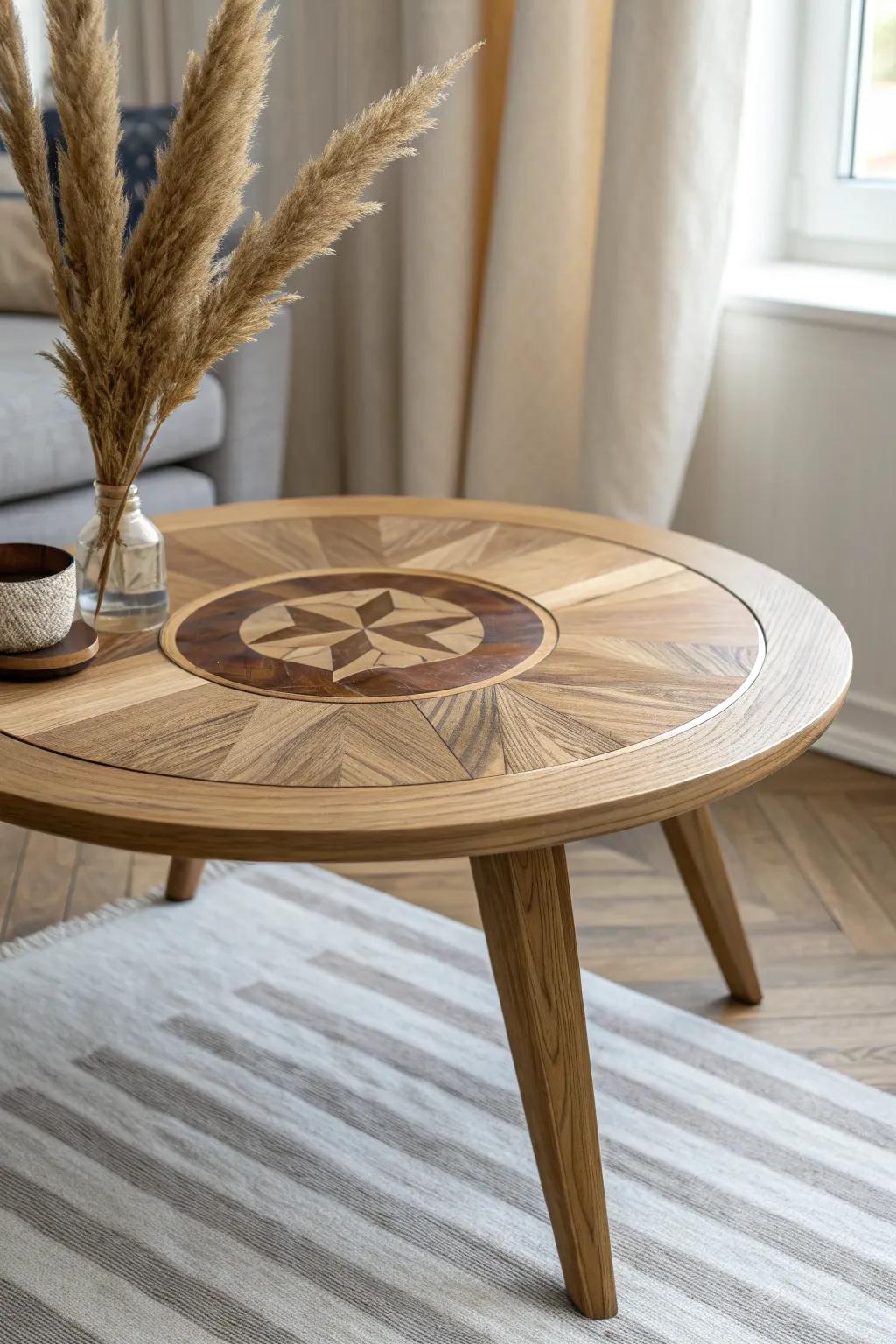 A timeless center circle medallion—high-contrast woods, flush-sanded for a seamless look.
