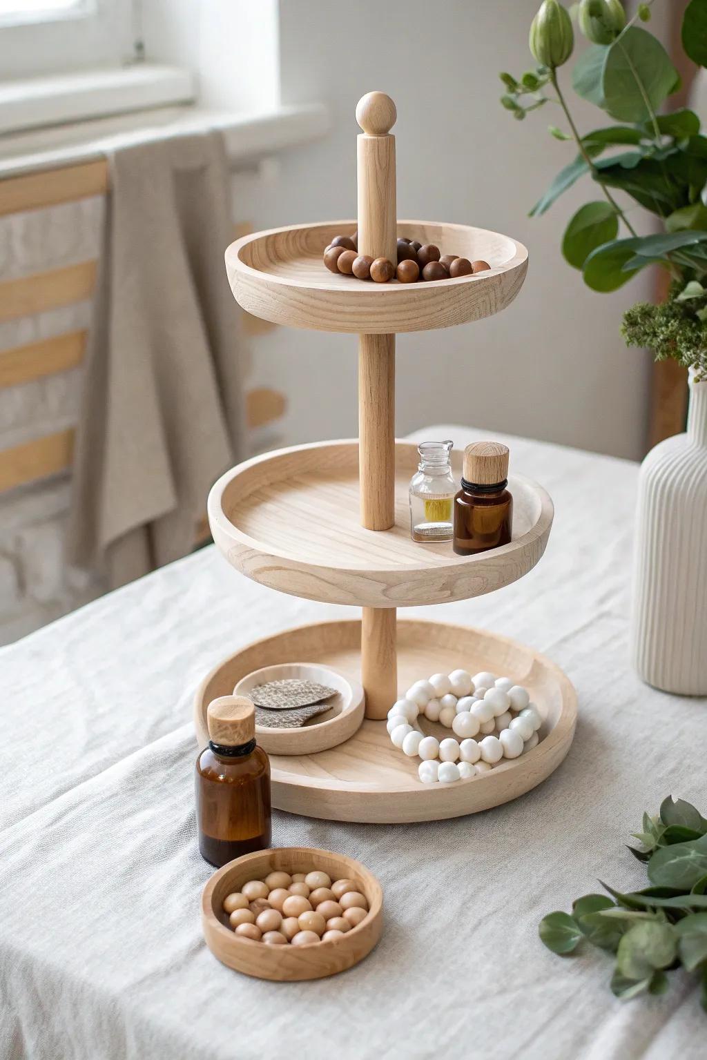 A simple wooden tiered stand keeps small treasures organized, elevated, and beautifully on display.