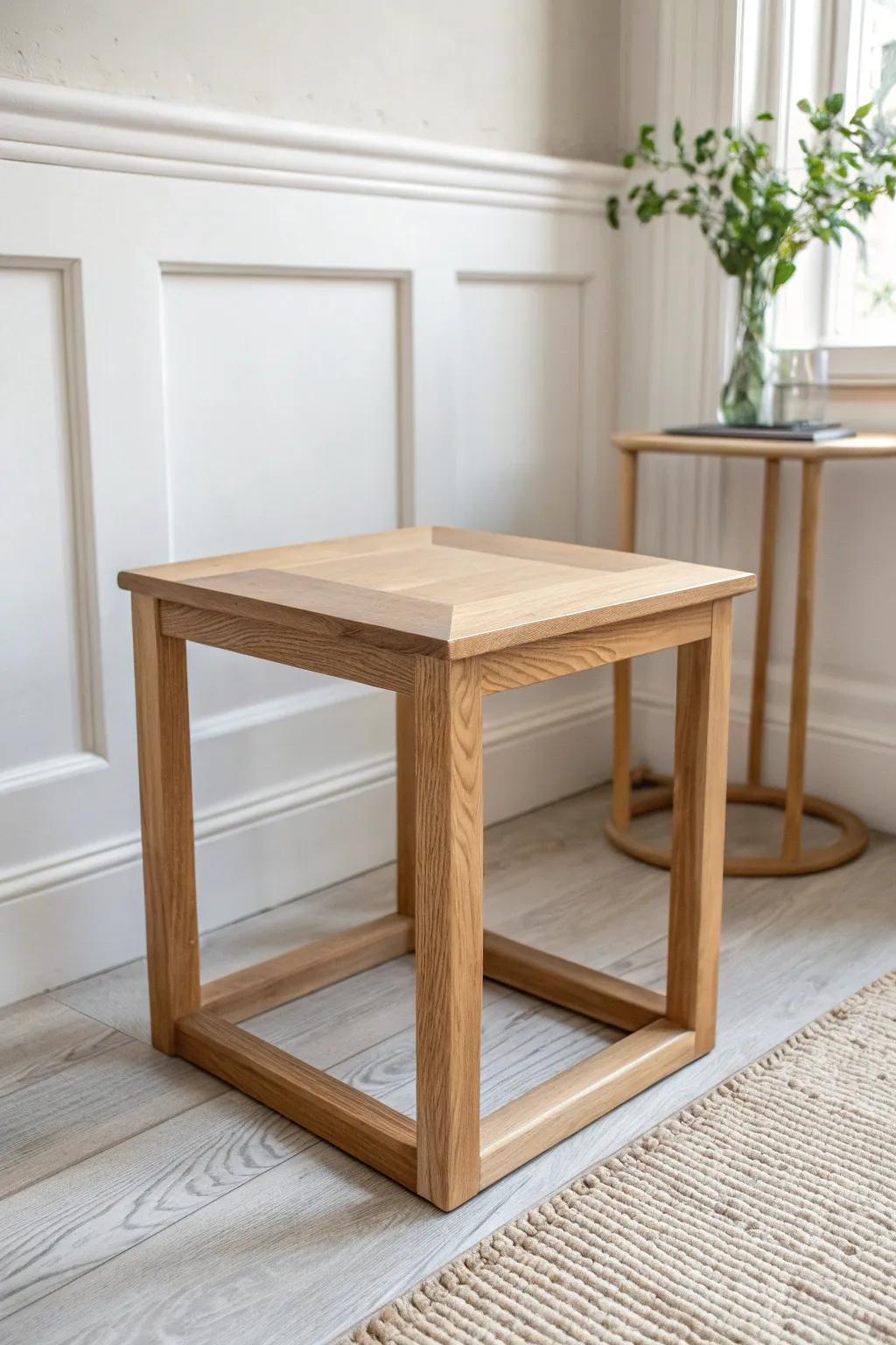 Simple handmade plywood side table with warm wood edges—clean corners, soft curves, Nordic calm.