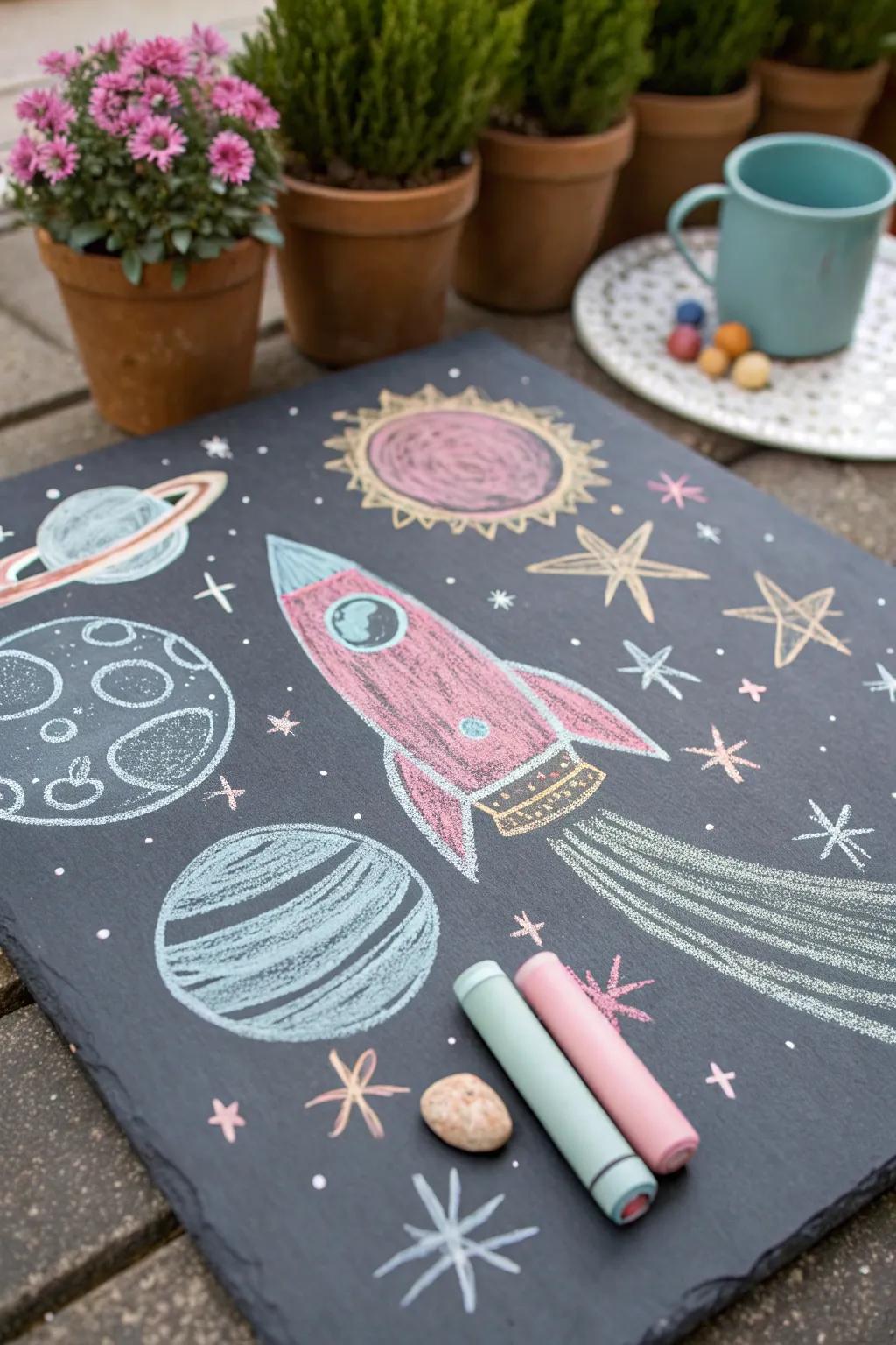 Launch your imagination into a pastel universe with this charming space chalk art!