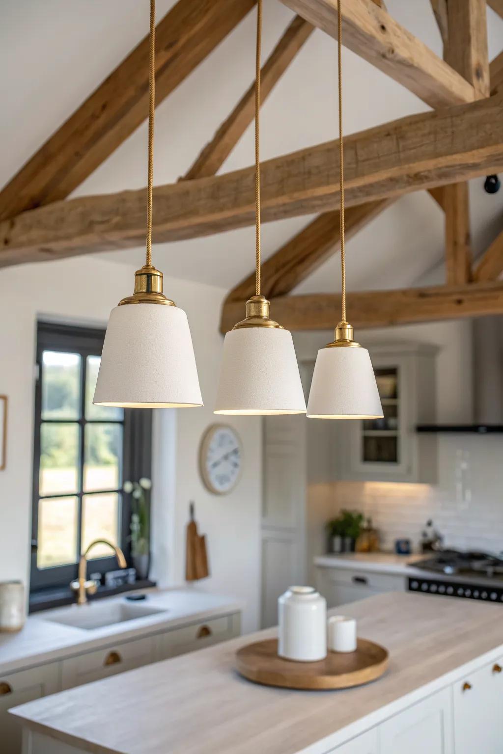A pendant trio tucked between beams keeps the timber joinery starring—while lighting the island.
