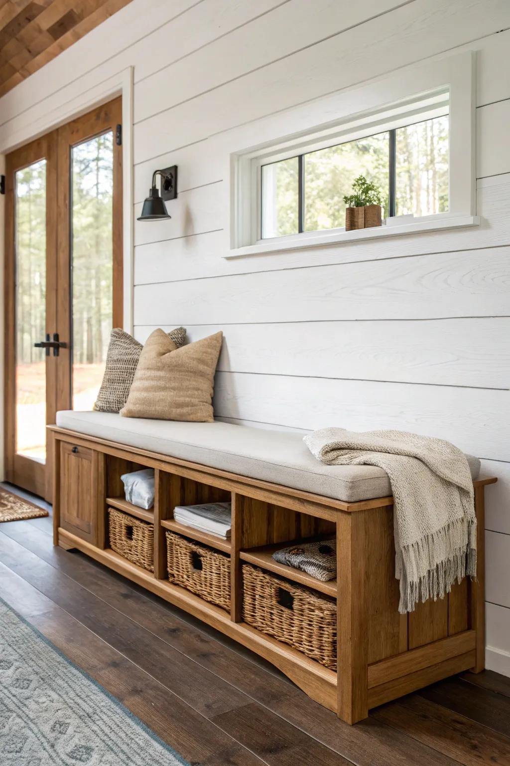 Built-in bench with cubbies: cozy seating plus tidy storage for shoes, games, and blankets.