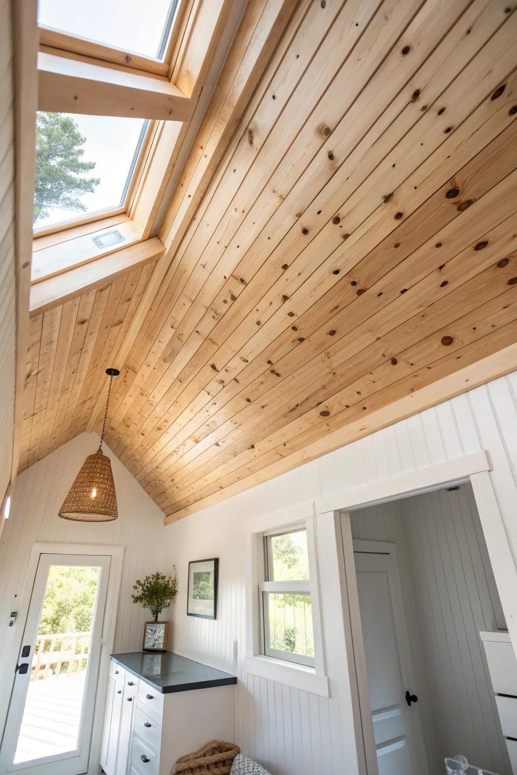 Honey-toned tongue-and-groove pine boards give a tiny house ceiling a clean, seamless finish.