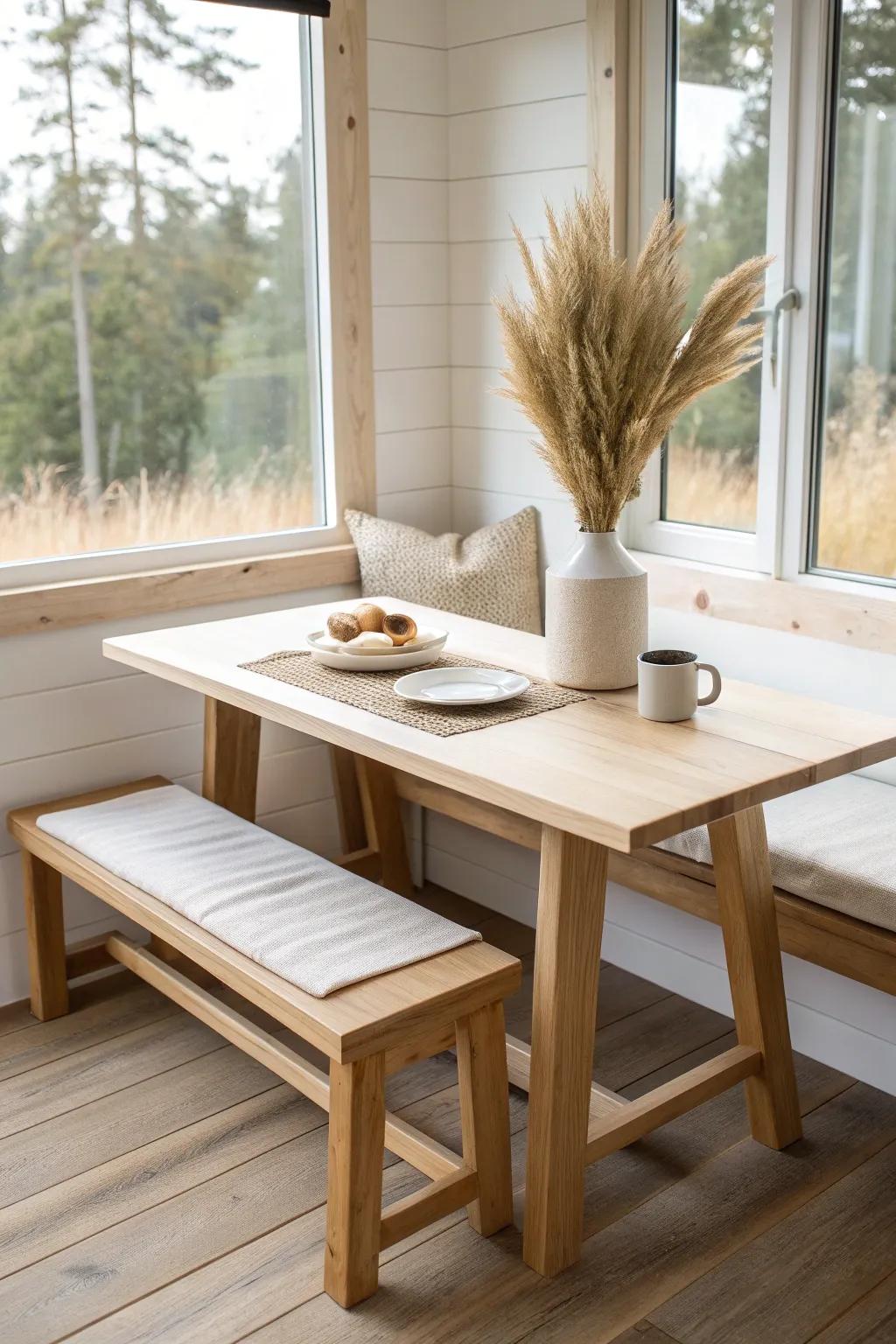 A café-like window nook table with a slide-under bench—bright, minimal, and space-smart.
