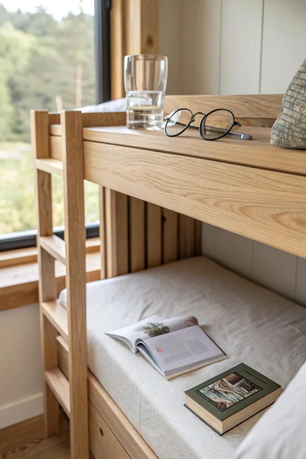 A slim built-in bunk ledge keeps the top bunk tidy—perfect for a book, water, and glasses.