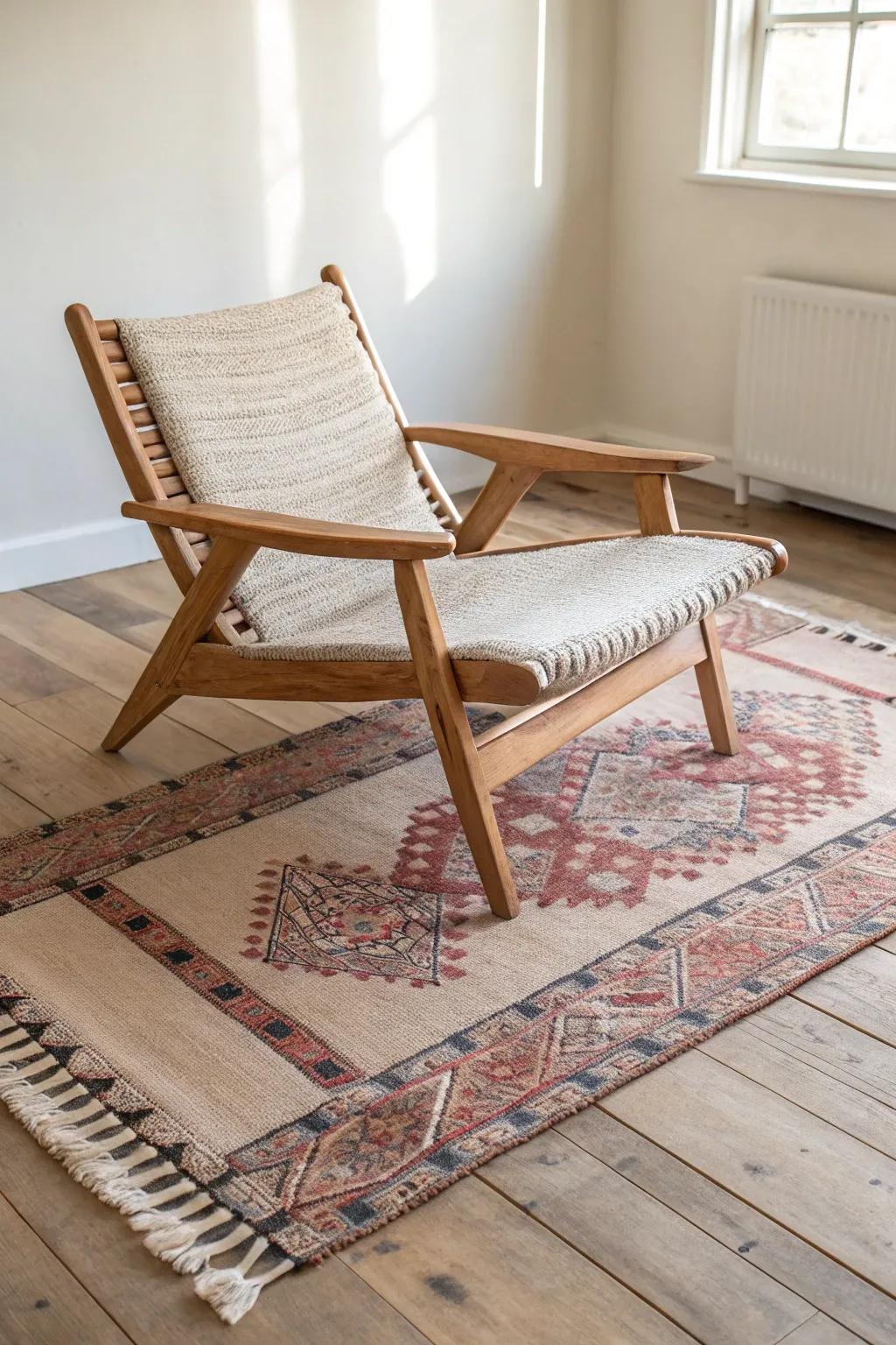 A single oak chair on layered rugs—an easy, collected tradition with cozy texture.