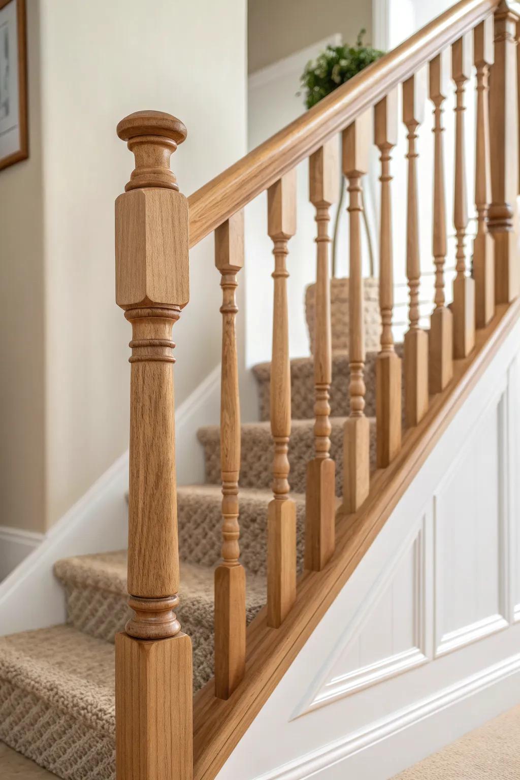 Turned balusters with a warm stained rail—classic old-house rhythm with modern calm.