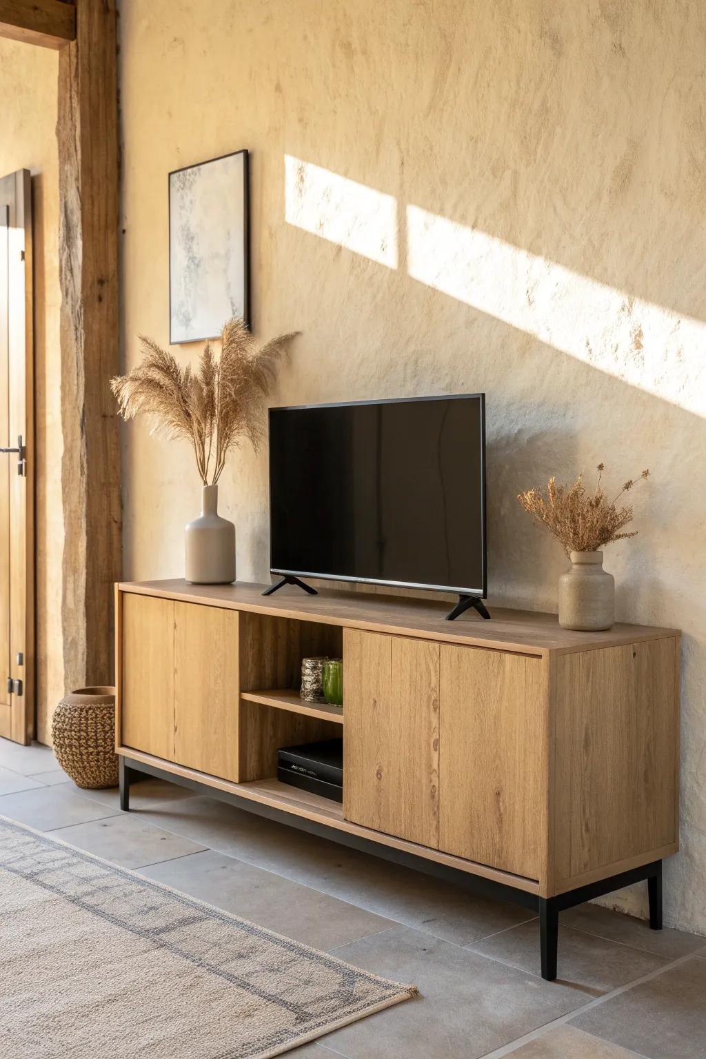 Let the TV sit on the wood top—clean surface, cozy scale, and beautiful grain in focus.