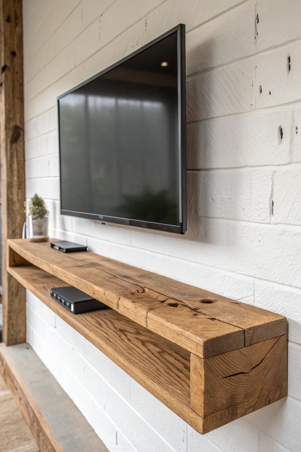 Chunky reclaimed-wood floating media ledge—warm, minimal, and perfect for small bedrooms.