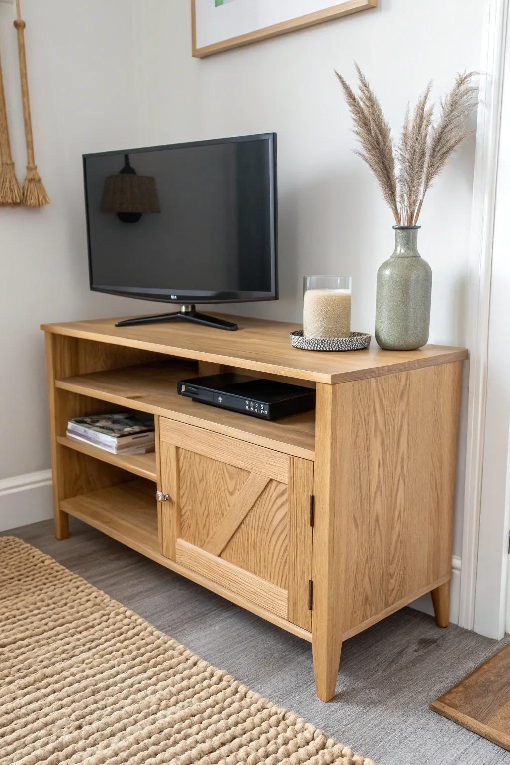 Space-saving corner TV stand nook in pale oak—minimal, warm, and beautifully crafted.