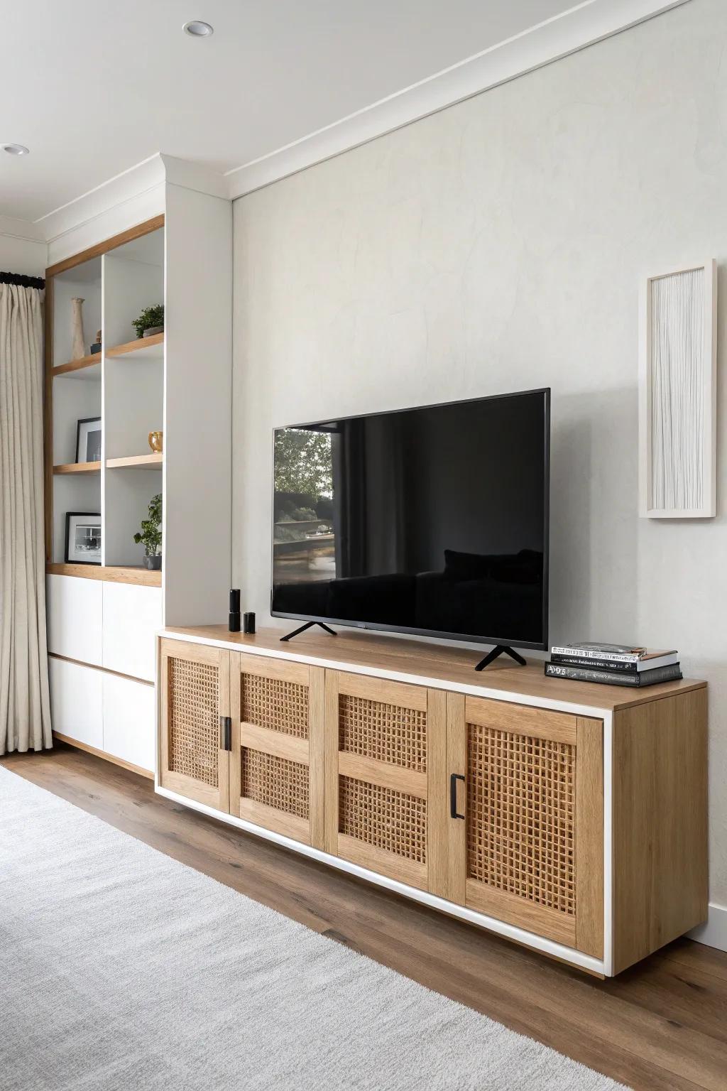 Built-in media wall in light oak with calm closed storage and a centered TV panel.