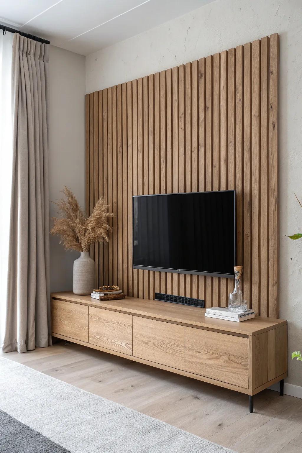Warm slatted oak behind the TV adds texture and contrast—minimal, calm, and timeless.