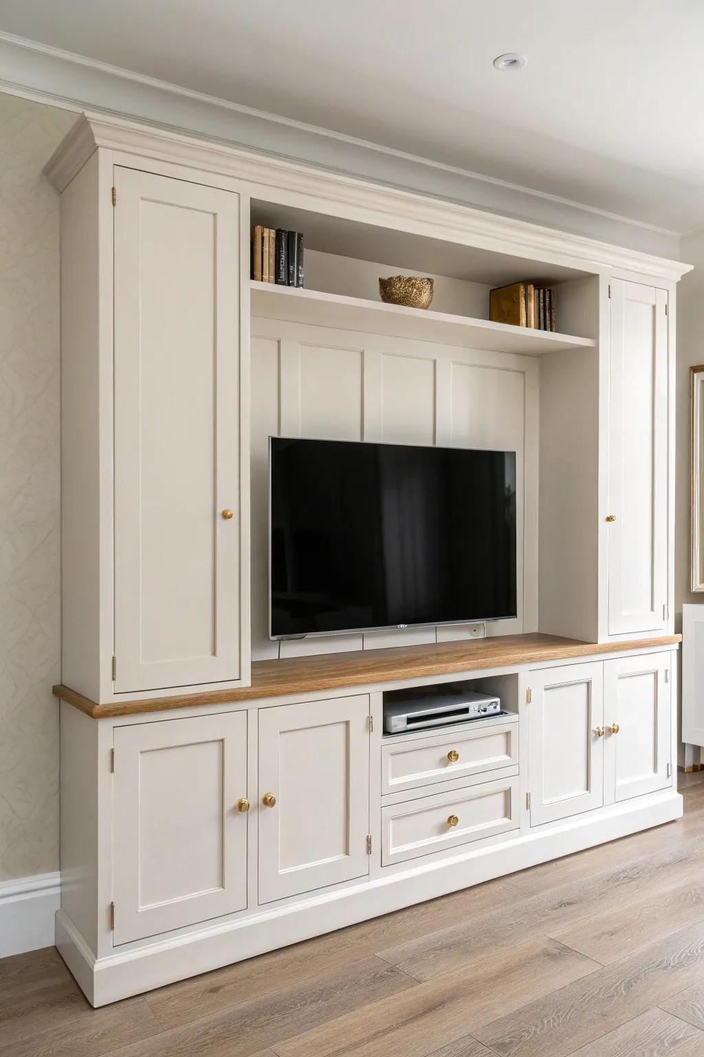 Timeless Shaker-style TV wall unit in soft neutrals and warm wood grain—simple, cozy, classic.