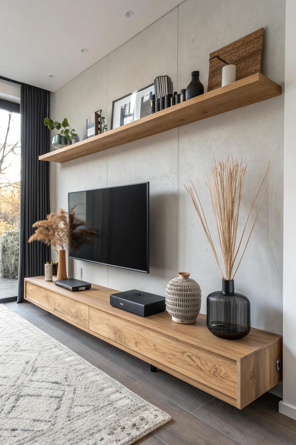 Asymmetrical oak shelves around the TV—modern, artsy balance with clean Scandinavian rhythm.