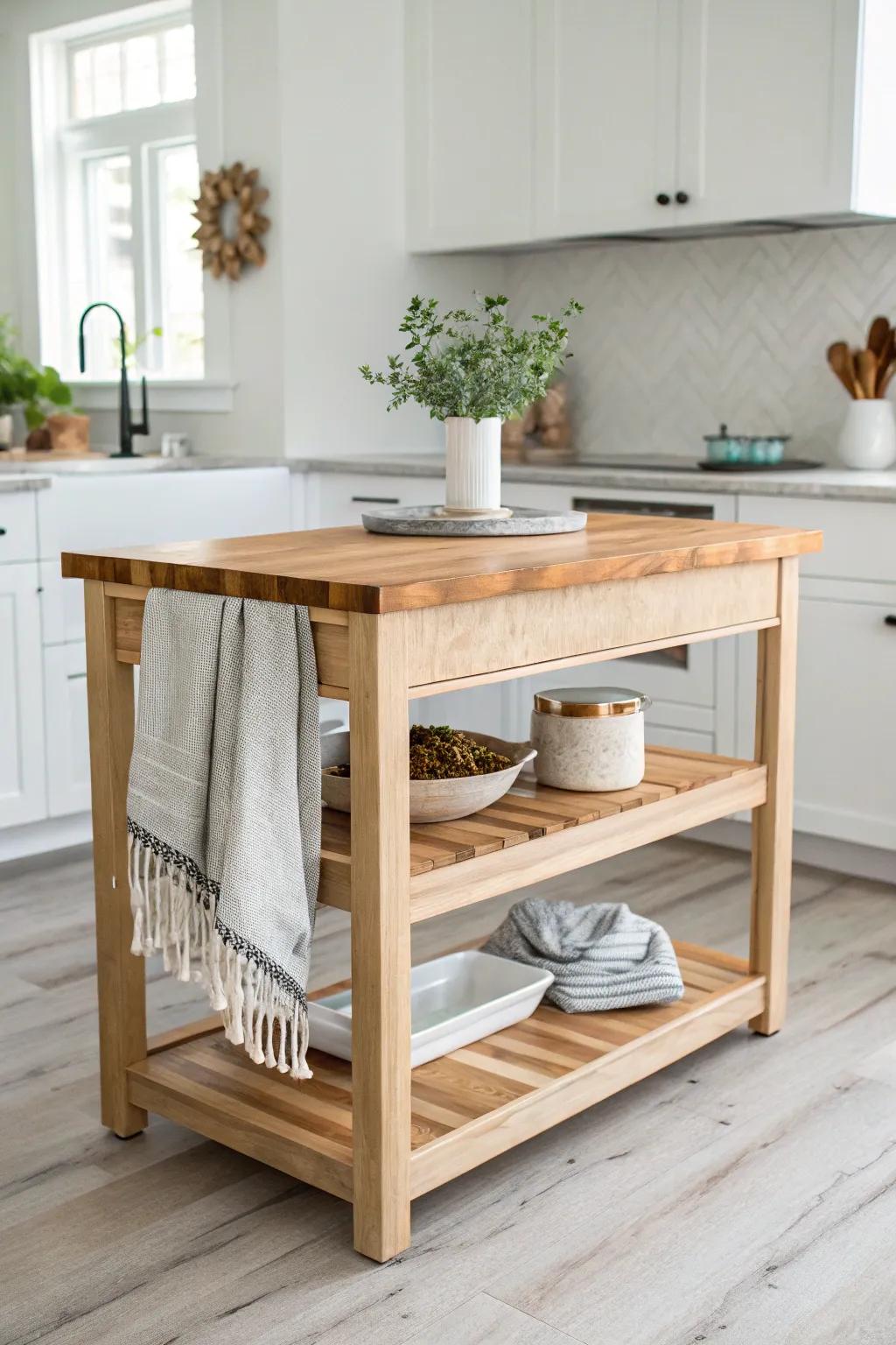 Butcher block warmth below, honed stone above—an intentional two-tier island with timeless contrast.