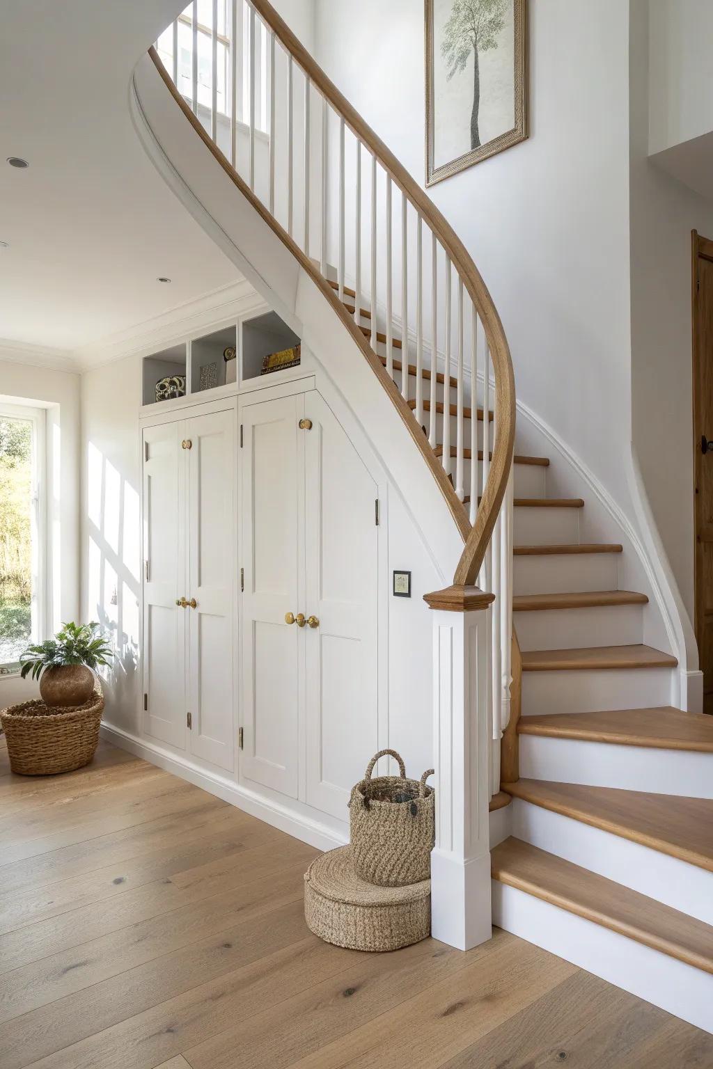 Shaker-style curved under-stair cabinets that hide clutter and keep a calm, minimal look.