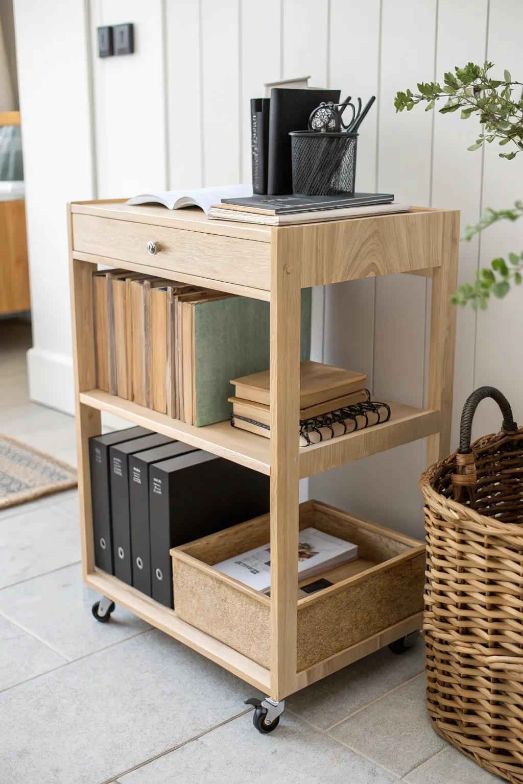 A slim rolling cart that tucks under the table—perfect for upright files and sketchbooks.