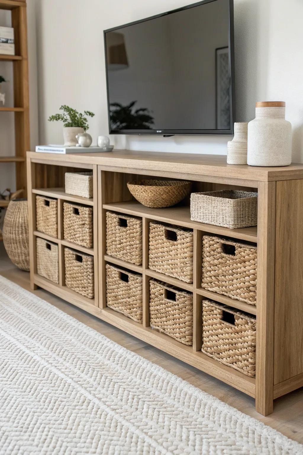 Light oak cube cubbies with matching baskets for calm, quick under-TV cleanup in family rooms.