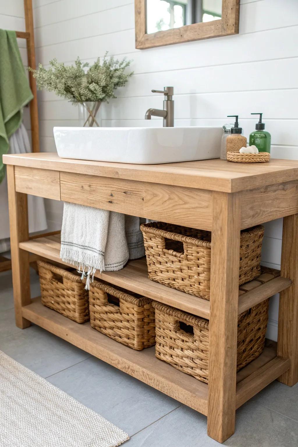 Rustic open-shelf vanity with thick wood stretchers and baskets for a tidy farmhouse look.