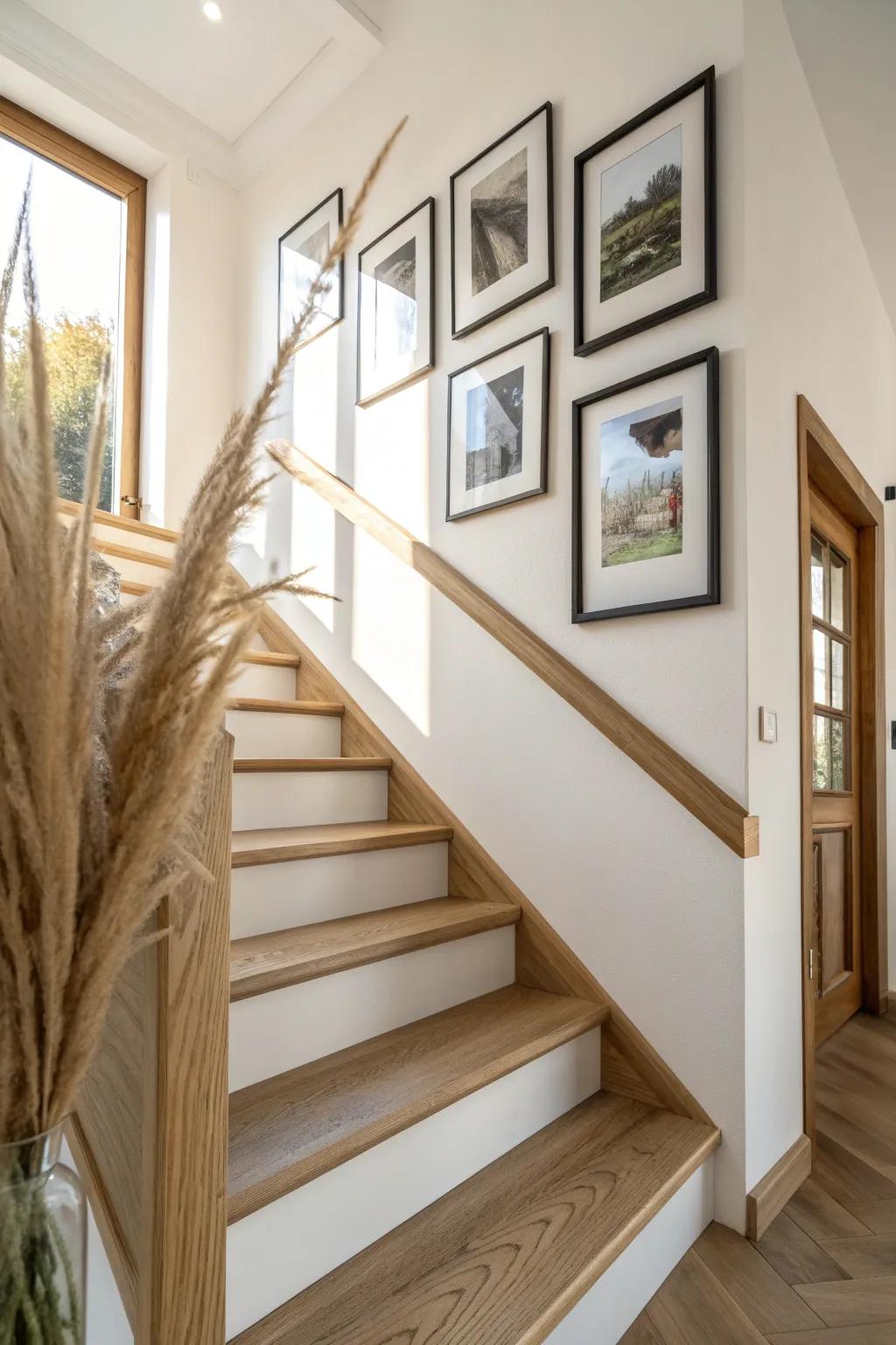 One oak frame wrapping the stair corner—aligned bottoms turn an awkward spot into a calm timeline.