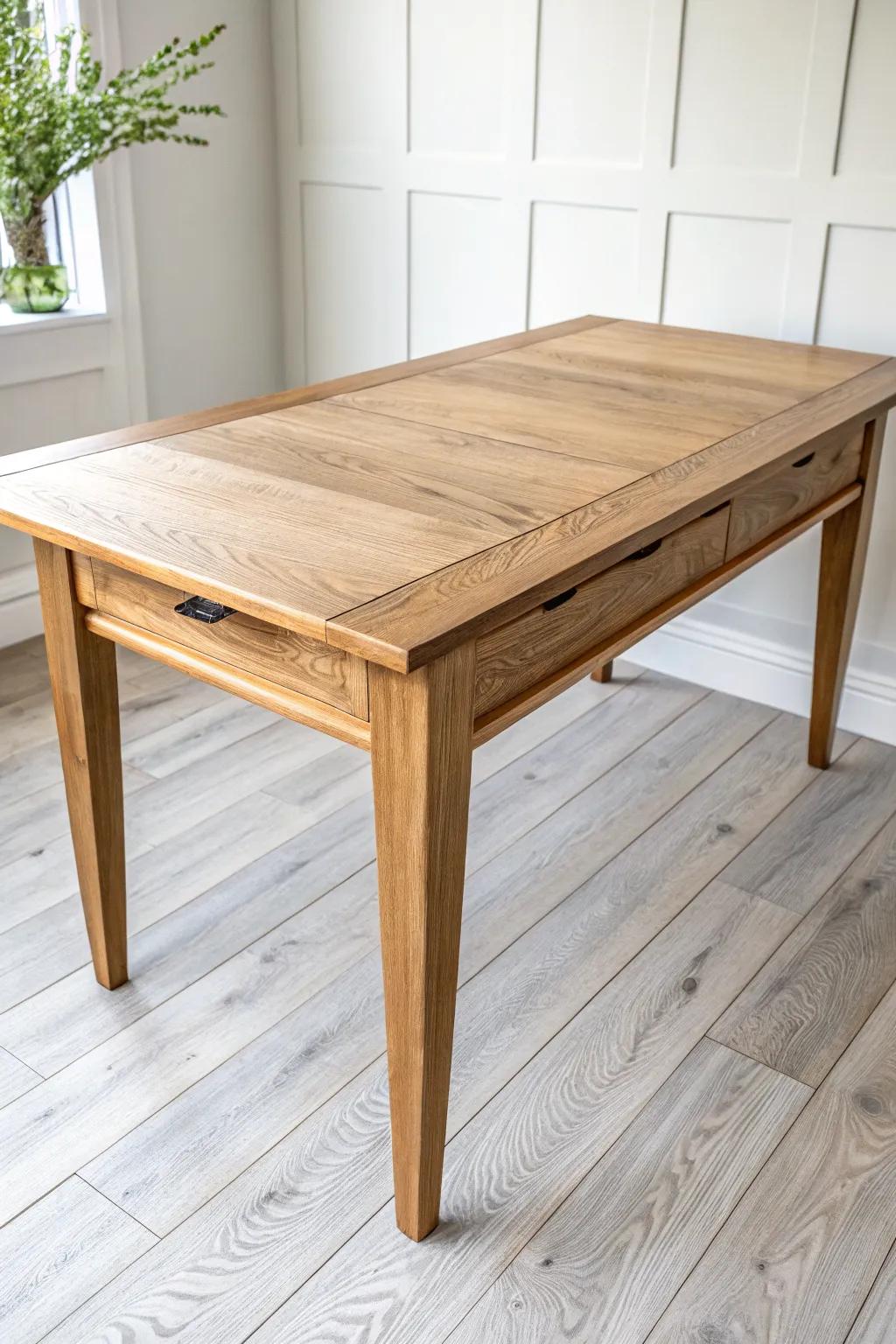 Farmhouse dining table with a flush removable leaf—natural oak grain, clean lines, timeless warmth.