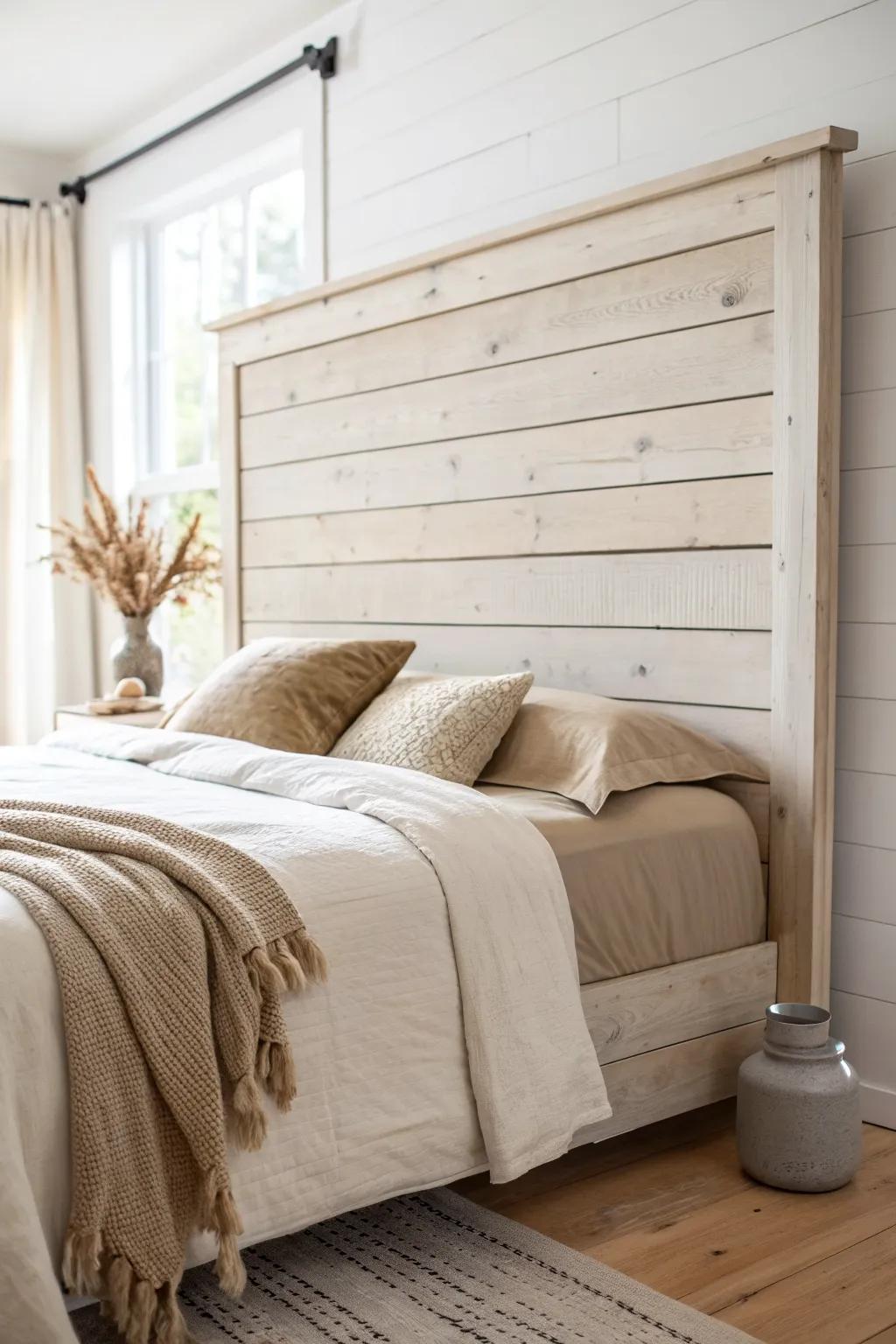 Shiplap-style farmhouse headboard: cozy half-wall boards with a smooth, painted finish.