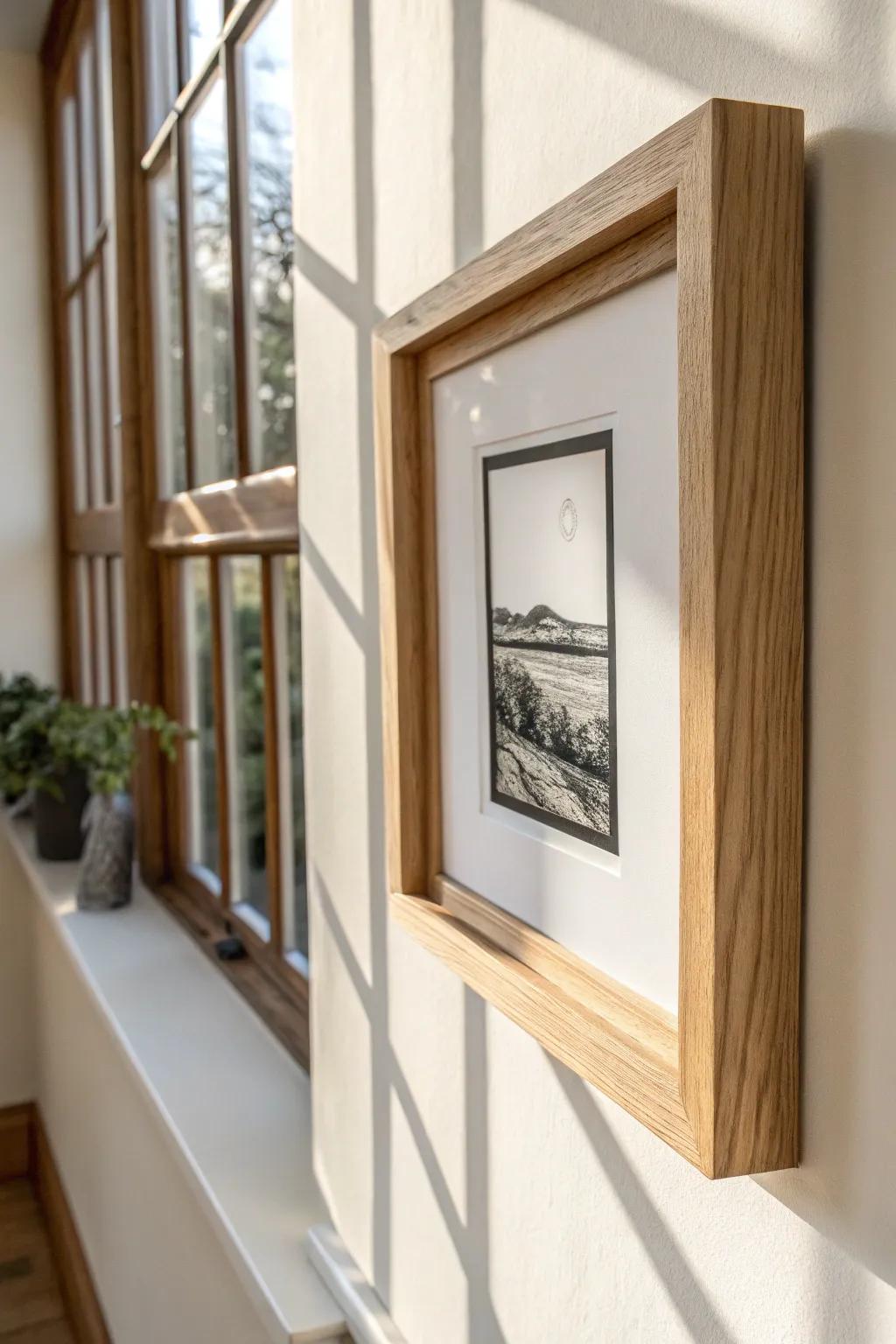 Handmade floating frame with hidden spacers—an airy, Scandinavian gallery look in warm wood.