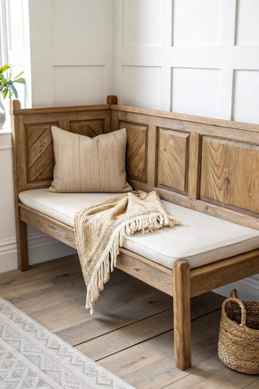Upcycled headboard turned into a sleek corner bench—perfect for tight spaces and cozy seating.