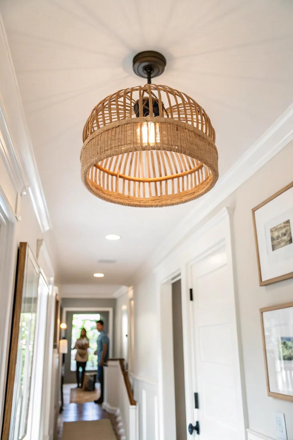 A low-profile wood + rattan semi-flush light that elevates your upstairs hallway instantly.
