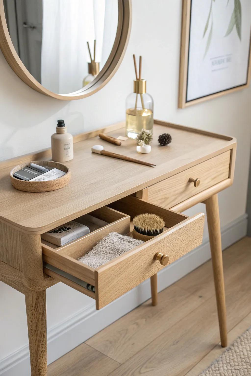 Clean-line oak vanity desk with one drawer—minimal styling for a calm, clutter-free routine.