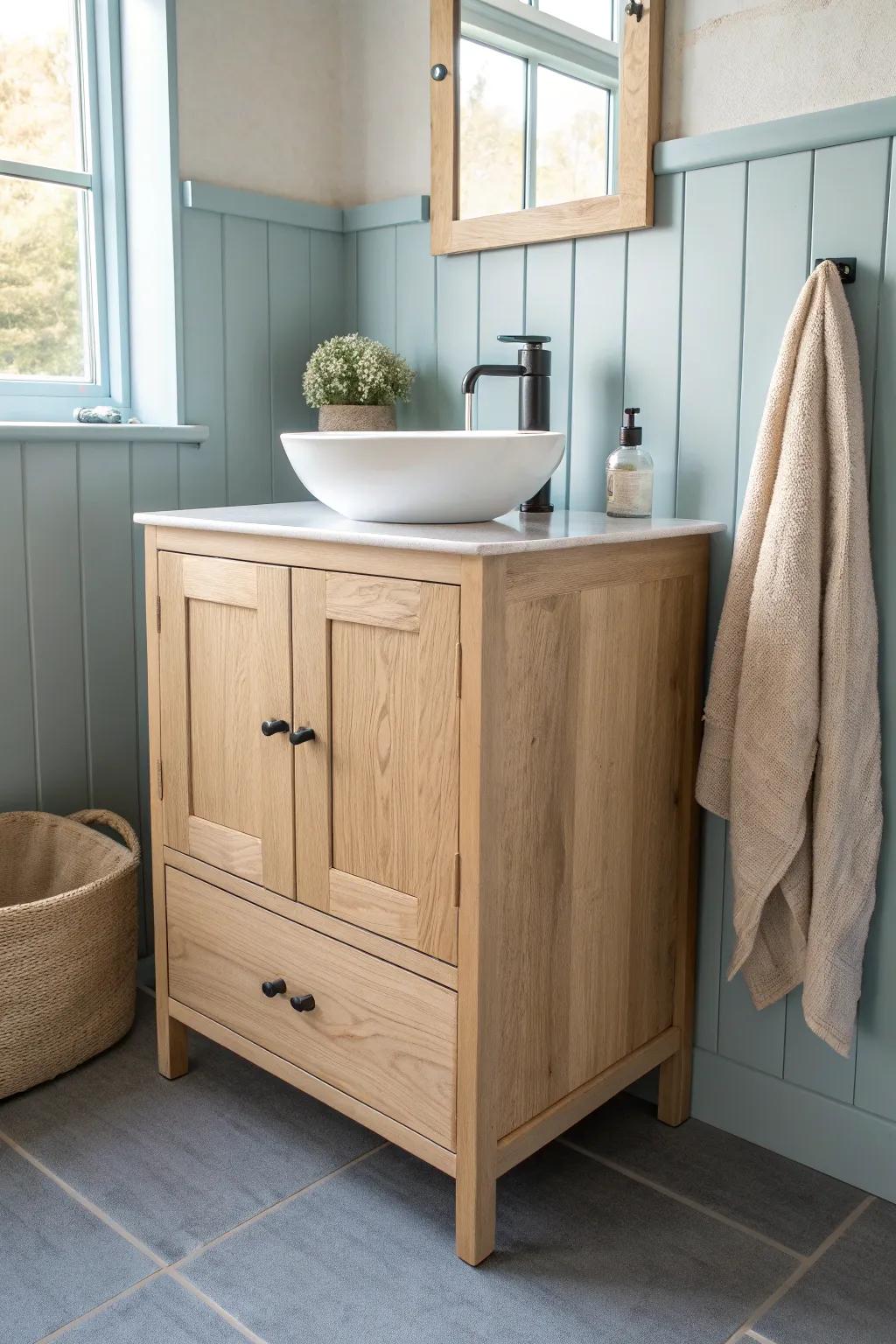 Soft coastal blue vertical shiplap + warm oak vanity for a calm, airy cottage bath vibe.