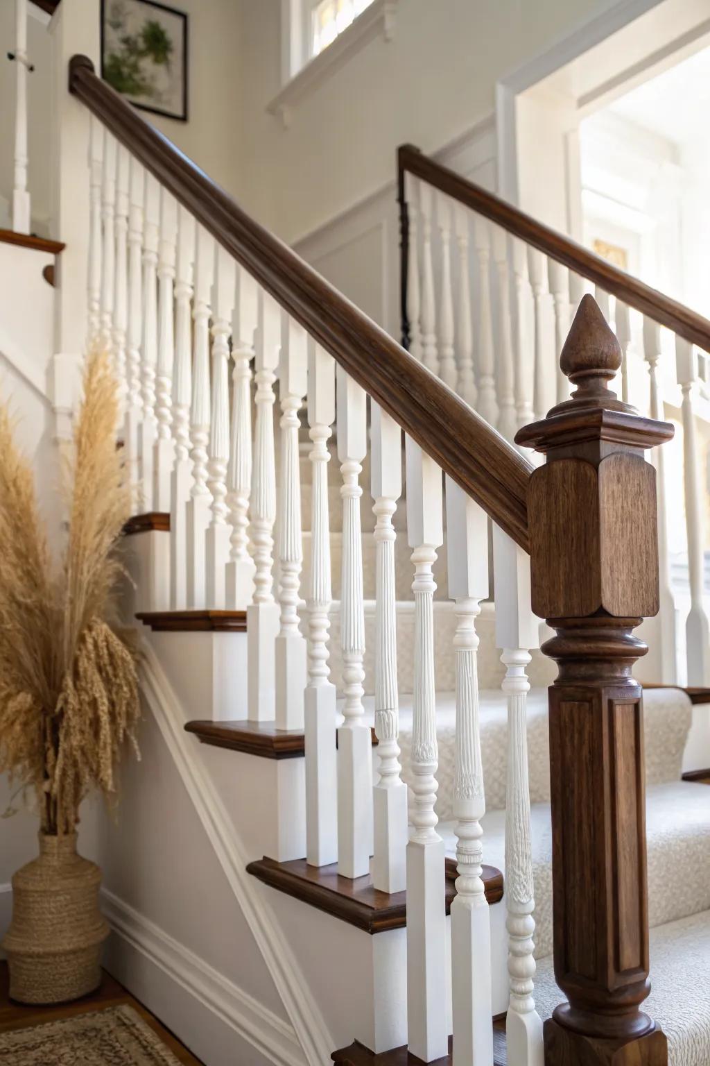 Crisp white balusters paired with a deep-stained handrail for timeless Victorian contrast.